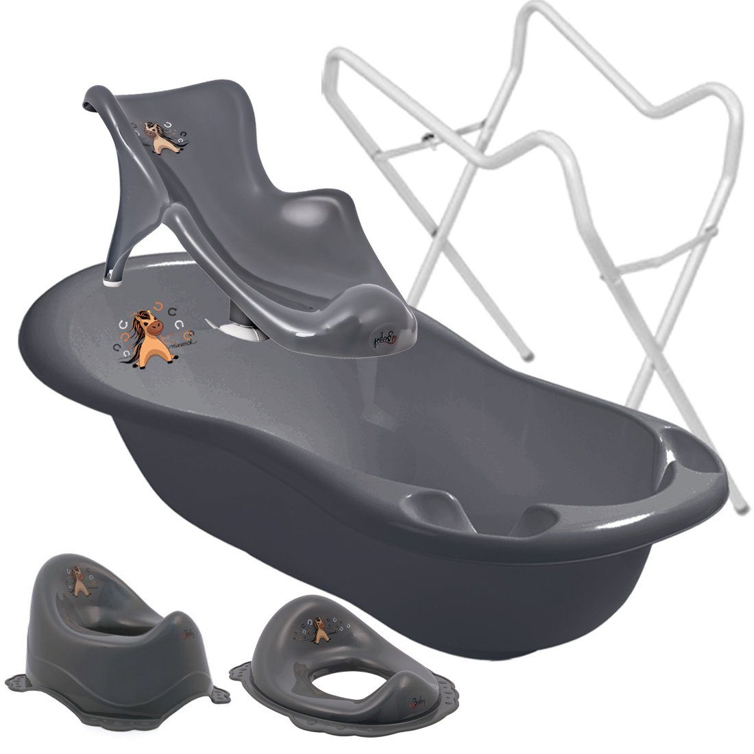 Maltex Babybadewanne PONY Graphit Set 4-tlg + Gestell Weiß - Babybadeset Zubehör Pflege, (Made in Europe Spar Set), ** Babywanne + Badesitz + Topf + WC Aufsatz + Gestell ** | Babybadewannen