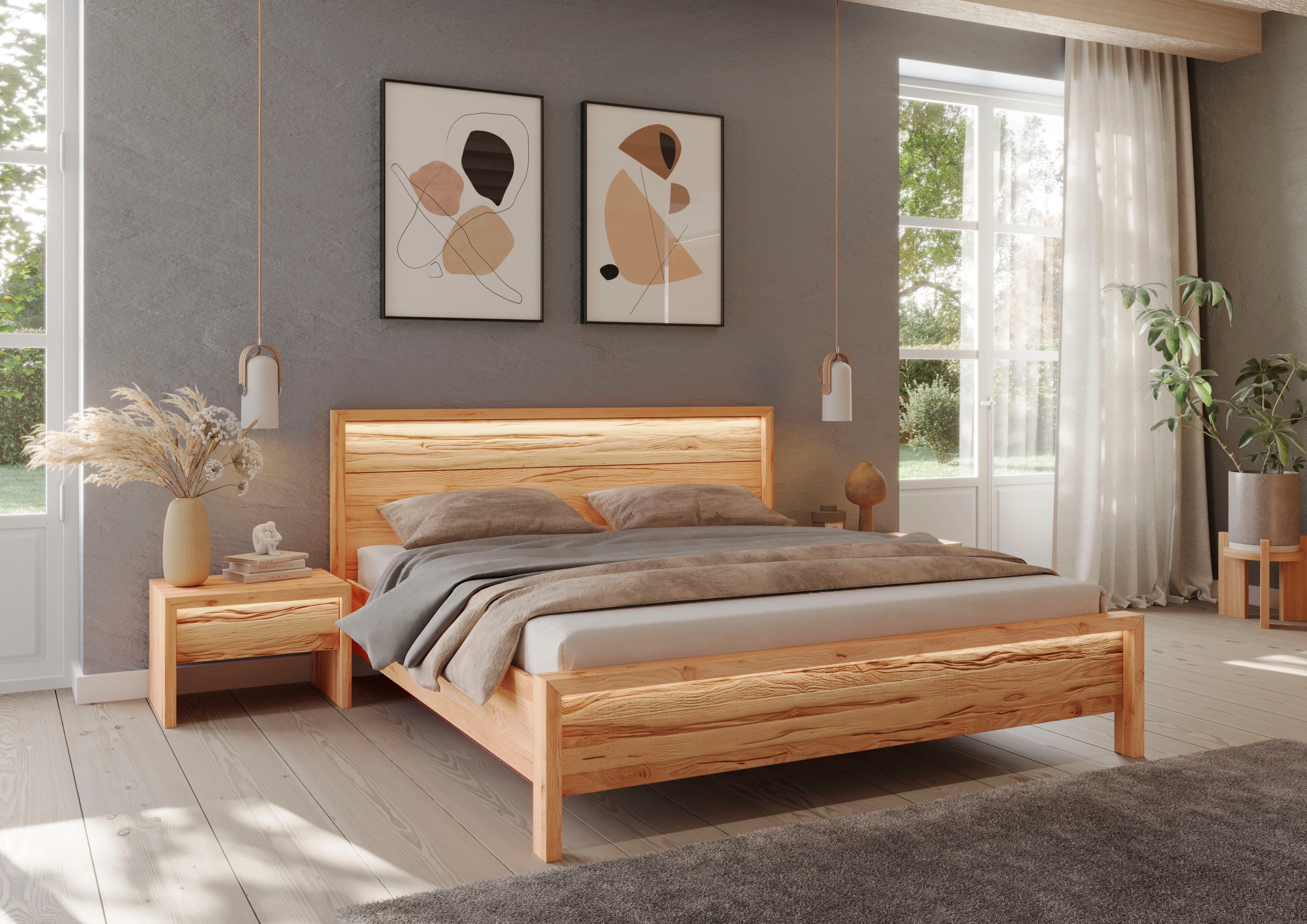 Home affaire Massivholzbett Léopoldine aus Kernbuche mit Rauholz-Applikationen, inkl. LED-Beleuchtung, wahlweise auch in Überlänge erhältlich
