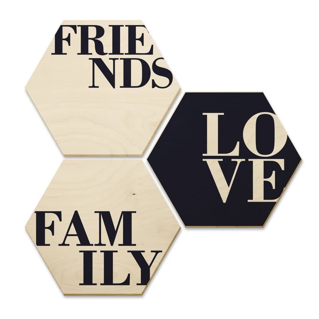 Family naturbelassen Hexagon Set, Friends Birke-Furnier Wandbild Wohnzimmer Wall Schriftzug Gemälde 3er Love Holzbild Art K&L