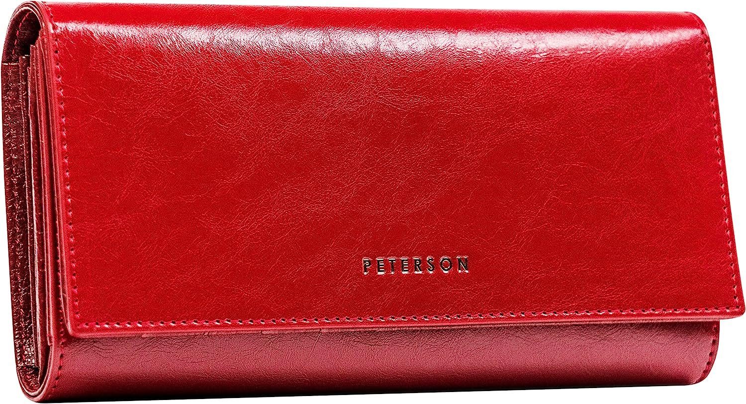 PETERSONⓇ Geldbörse Echtleder Damenbrieftasche - Zahlreiche Fächer - RFID Technologie, Hohe Qualität, Naturleder, Goldverzierte Elemente rot