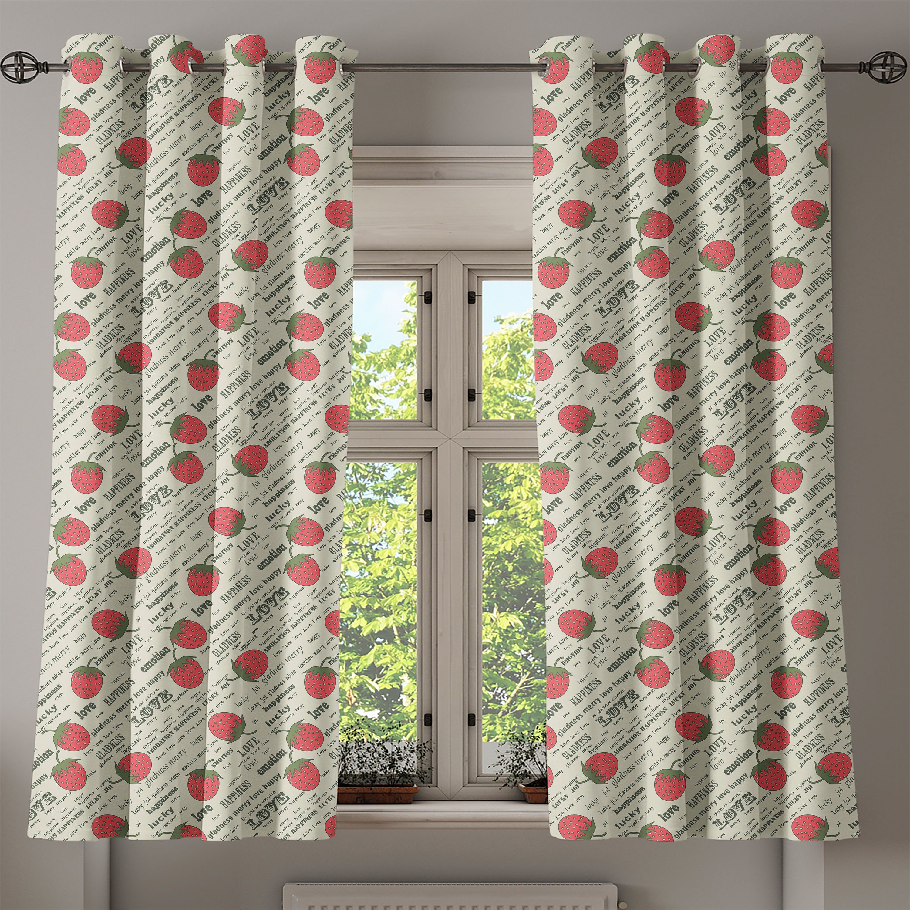 Abakuhaus, 2-Panel-Fenstervorhänge Früchte Dekorative Erdbeer-Liebe Retro Schlafzimmer Gardine für Wohnzimmer,