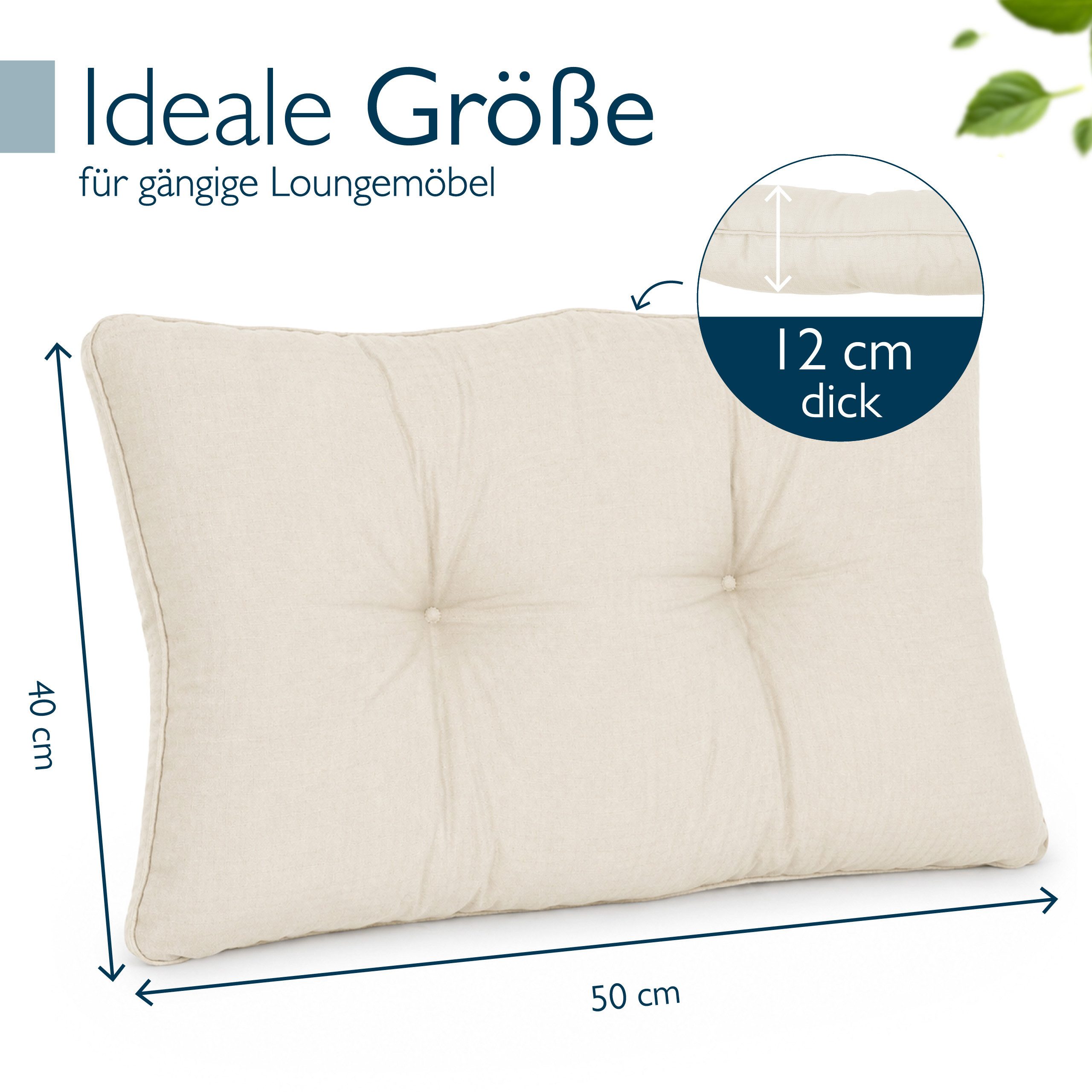 Beautissu Sitzkissen Lounge Kissen Outdoor Natur XLuna, 50x40cm, Sitzkissen Gartenstuhl 10 cm dick Sitzpolster Auflagen für Gartenmöbel