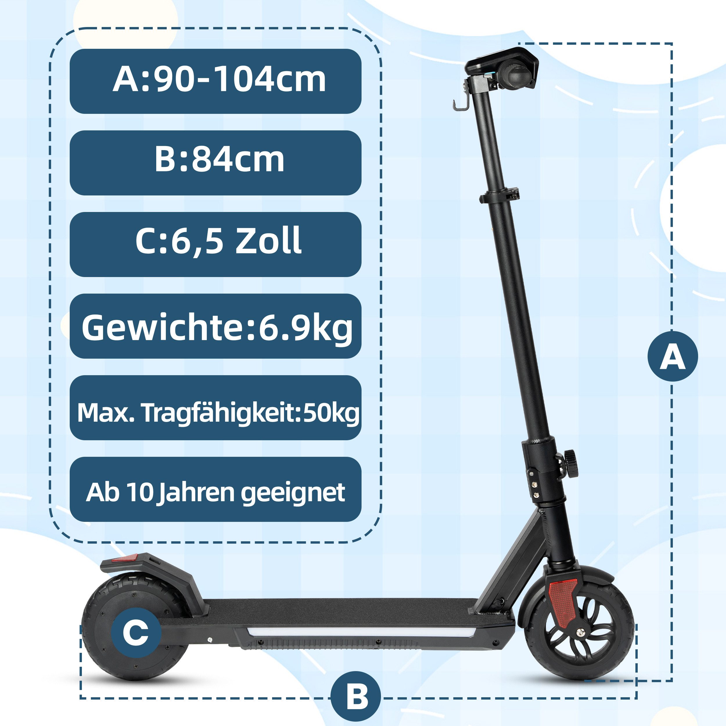 Vankel Elektro-Kinderroller ab 10 Jahren, klappbar, EBS+Fußbremse, farbiger Beleuchtung, mit Haken, 14km/h, E-Scooter für Kinder, 10-15km, höhenverstellbar