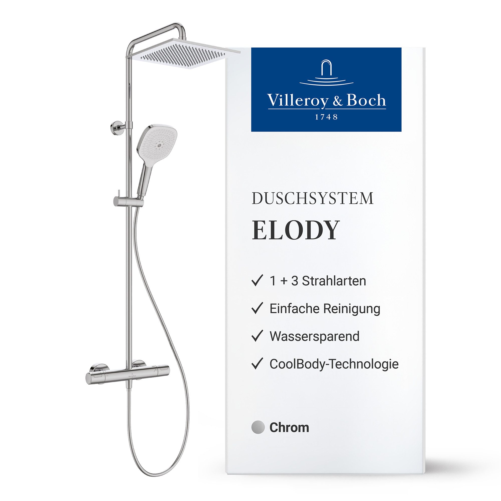 Villeroy & Boch Duschsystem Elody, Wasser- & Energiesparend, CoolBody-Technologie, Variable Strahlarten