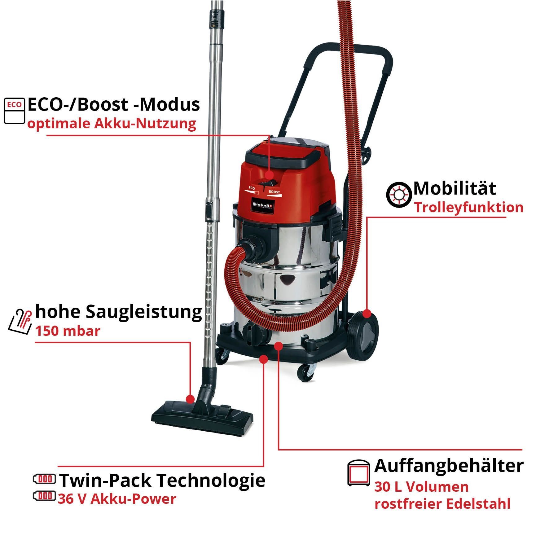 Nass-Trocken-Akkusauger 900 TE-VC 36/30 Li Power Einhell W, Beutel, und mit Ladegerät S-Solo, X-Change, ohne Akku