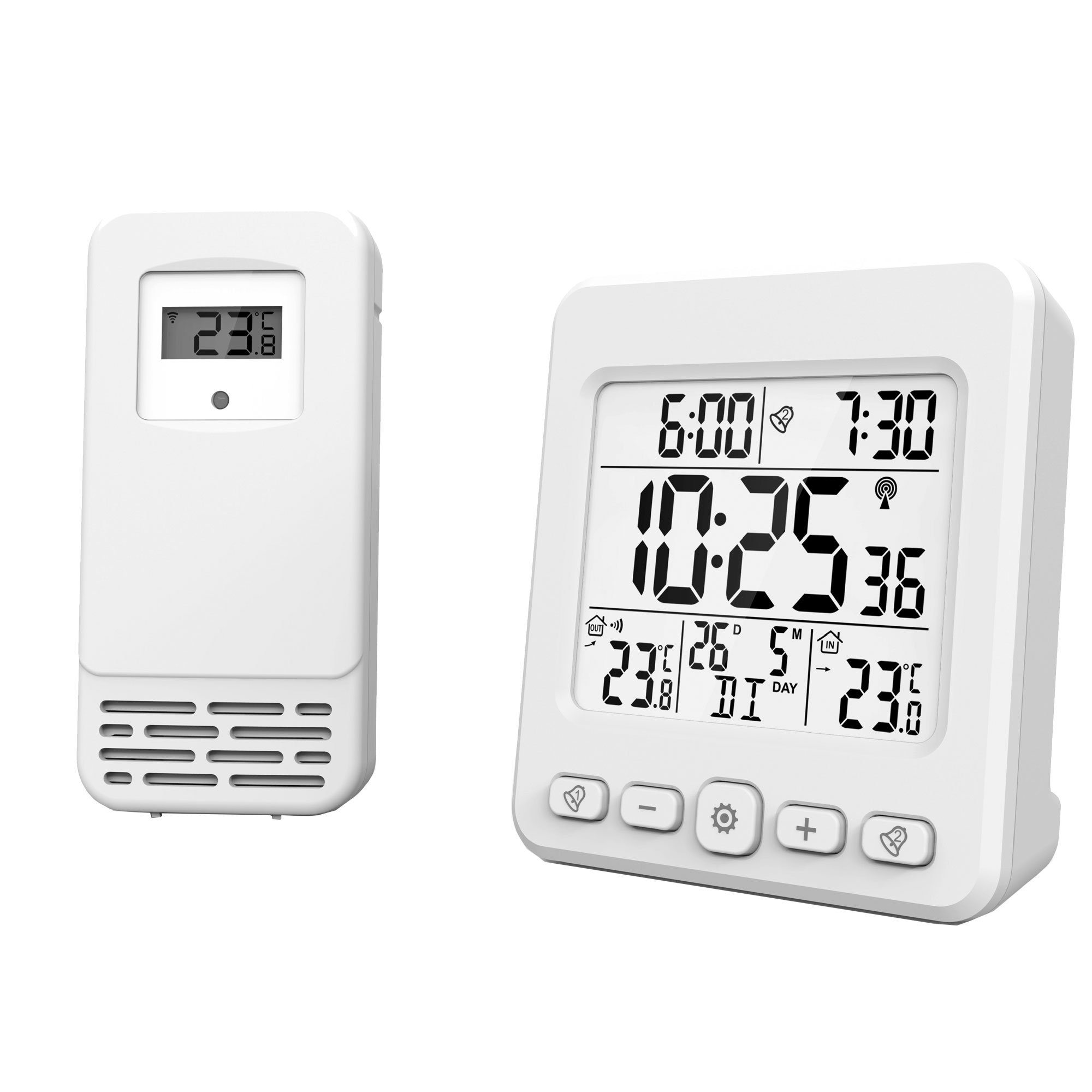 Miraval LCD Funkwecker mit Außensensor Wetterstation Datumsanzeige Funkuhr Kalender Datum 2 Alarme Datumsanzeige Snooze Funkwetterstation (Datumsanzeige, Funksignal, Temperaturanzeige, Aussensensor, AA-Batterien, Schwarz, Großer Display, Funkwecker)