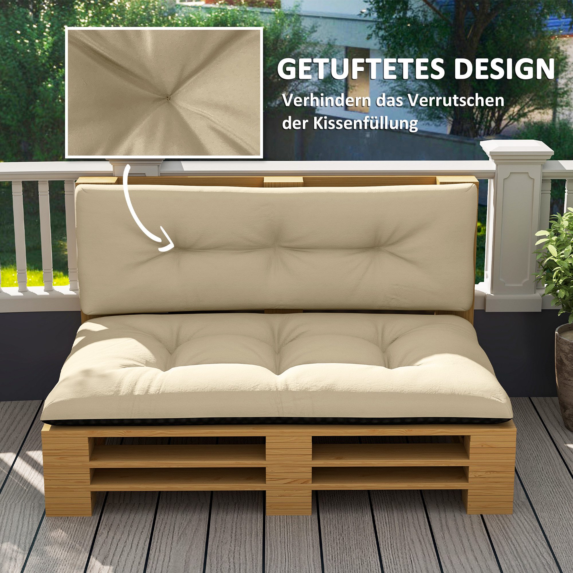Outsunny Stuhlkissen 2 teilige Palettenpolster mit Getuftetem Design, Rückenlehne, wasserabweisend, für Europaletten Palettensofa 120 x 77 x 10 cm Beige
