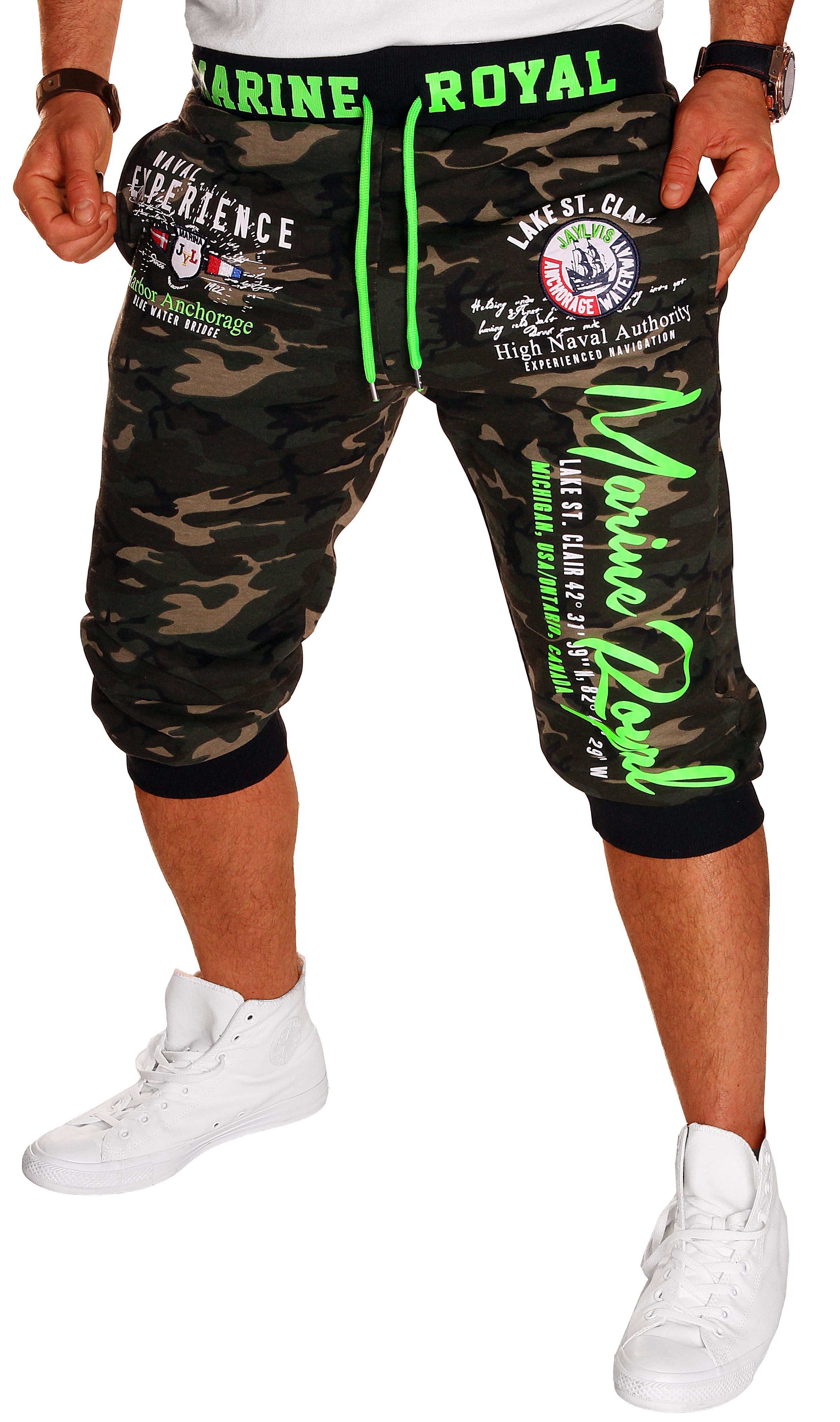 Jaylvis Bermudas Herren Short 3/4 Hose Kurze Jogginghose Sport Marine Royal Camouflage-Grün