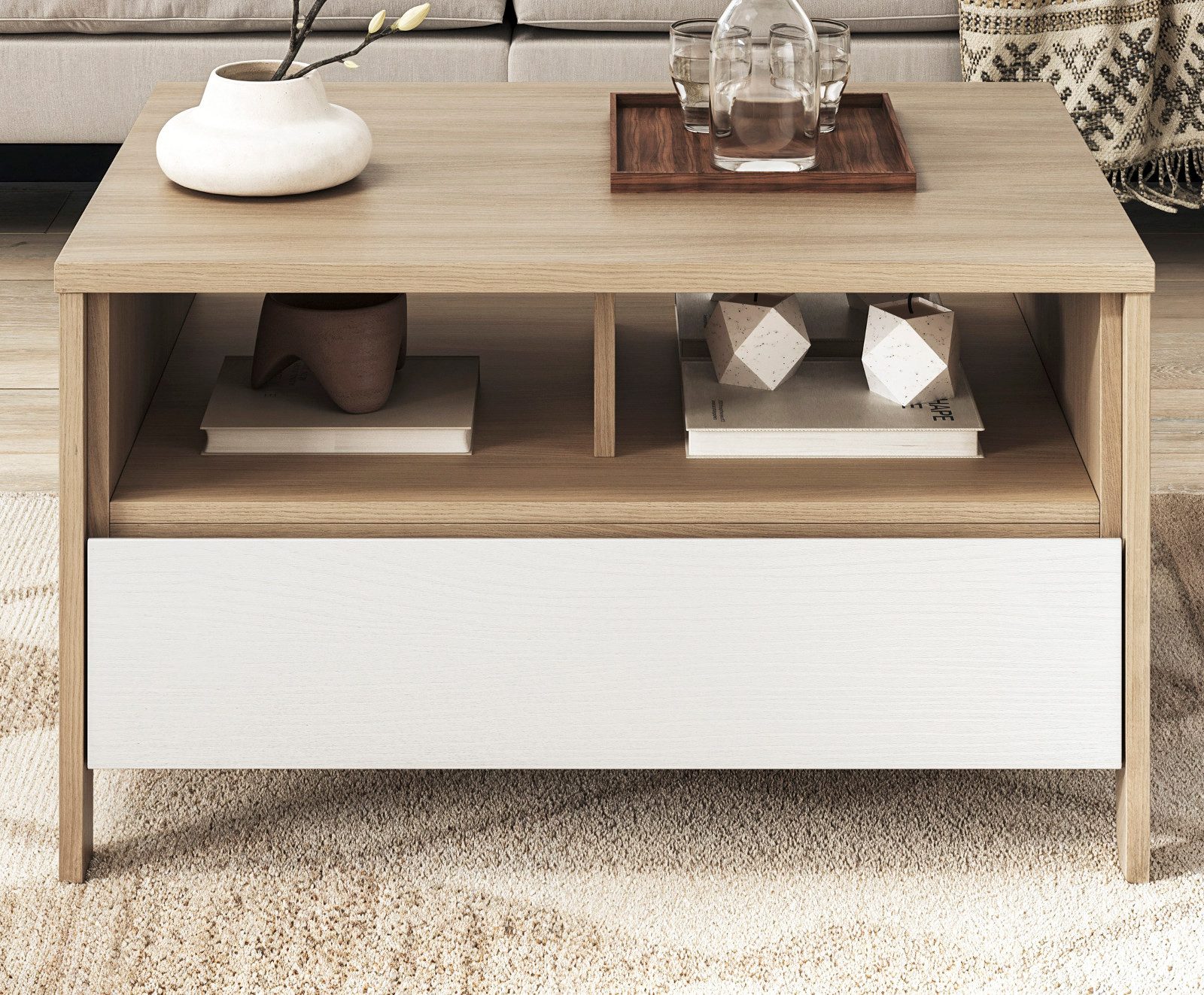 Furn.Design Couchtisch Finnes (Wohnzimmer Tisch in Eiche natur mit Eiche weiß, mit Schubkasten und Ablagen, 80 x 60 cm), Soft-Close-Funktion