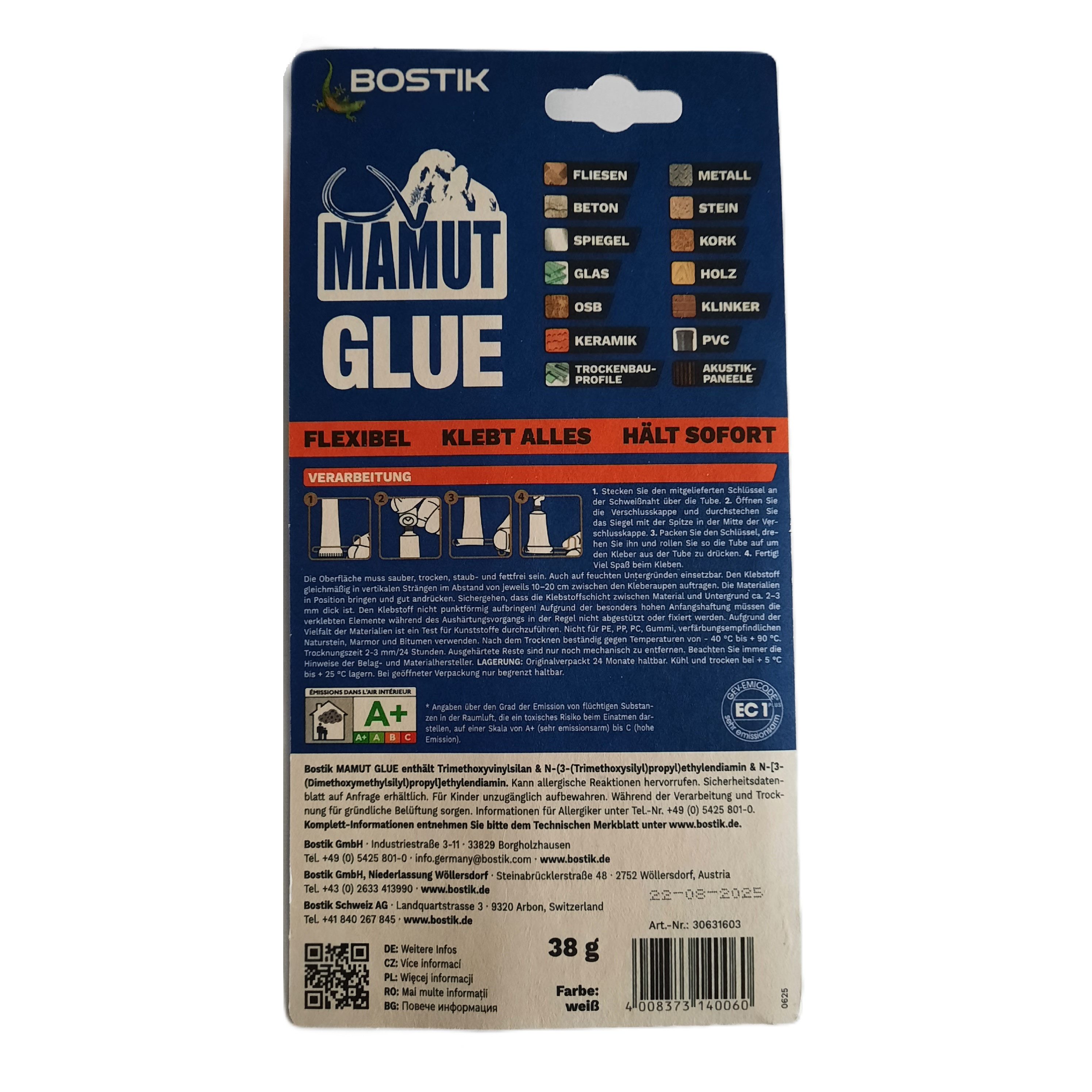 BOSTIK Klebstoff Bostik Mamut Glue 1K Hybrid Klebstoff 38g Tube weiß Montagekleber, Klebt innen, außen sowie unter Wasser