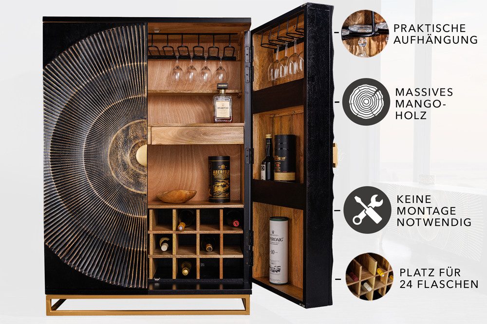 riess-ambiente Barschrank GOLDEN SUNSET 140cm schwarz / gold (Einzelartikel, 1-St) Massivholz · Metall · mit Stauraum · 24 Flaschen · 3D Front · handmade