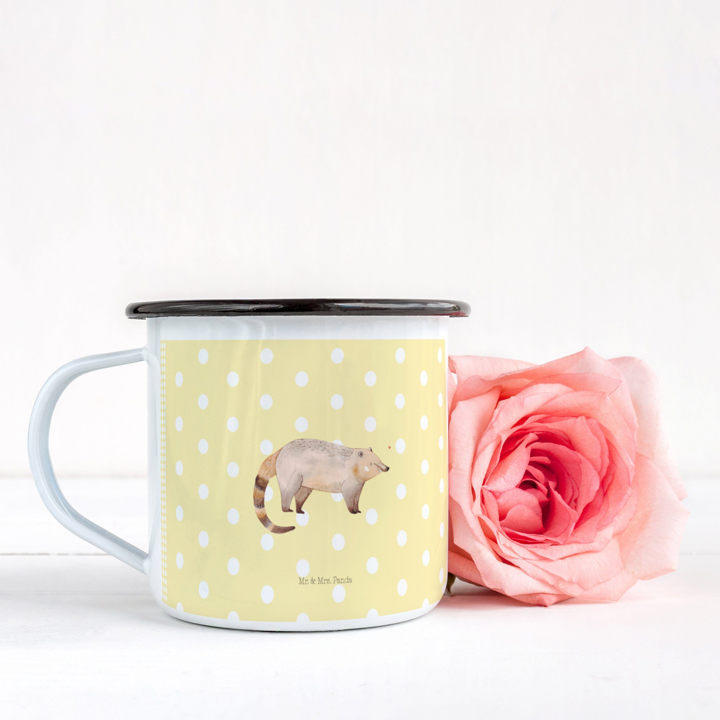 Geschenk, Dekobecher (1 Tiermot Pastell - Tasse, Emaille Mrs. XL St) Nasenbaer & Panda Tiere, Gelb - Mr.