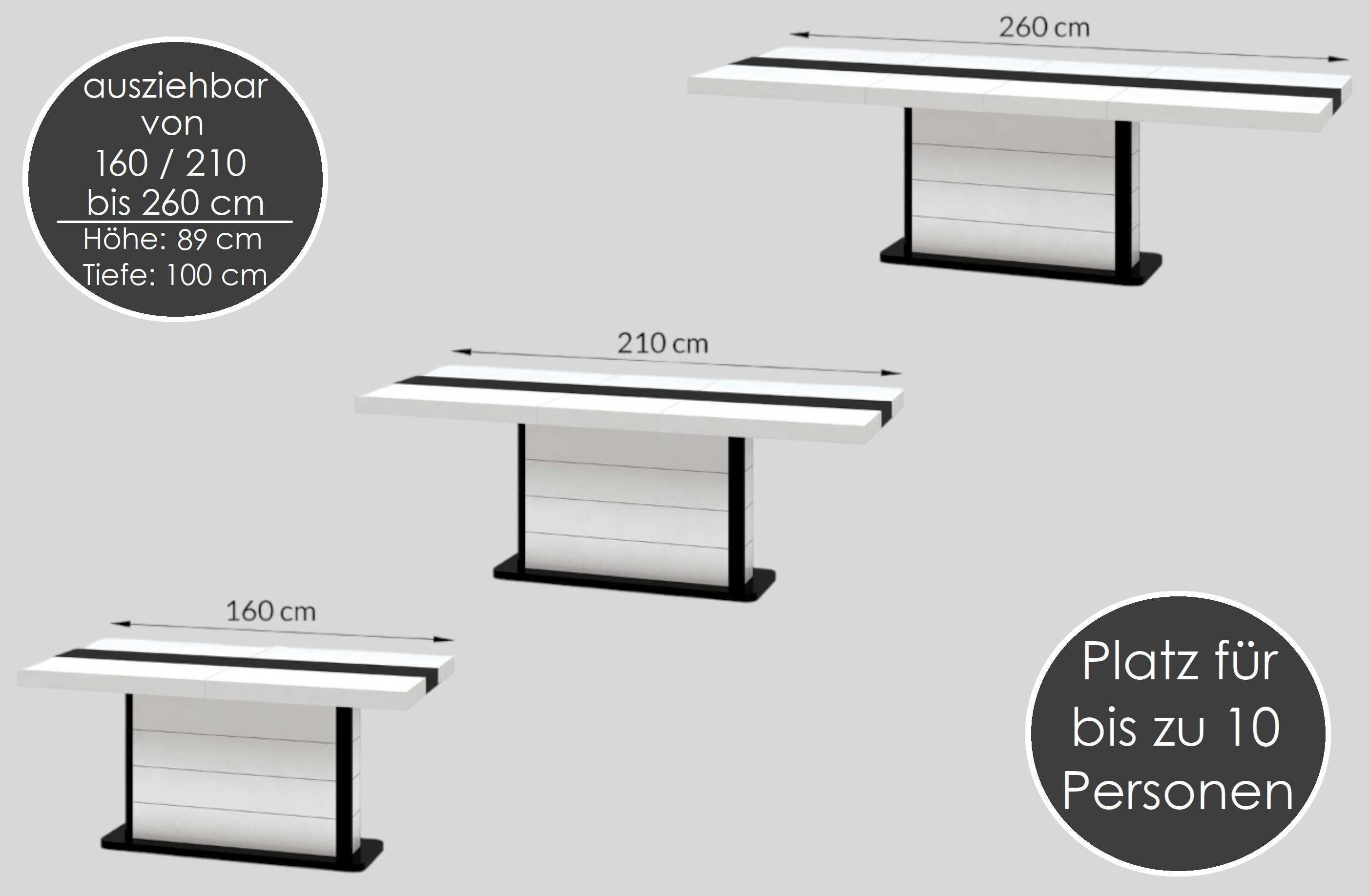 designimpex Esstisch Design Tisch HE-555 Weiß - Schwarz Hochglanz ausziehbar 160 bis 260 cm