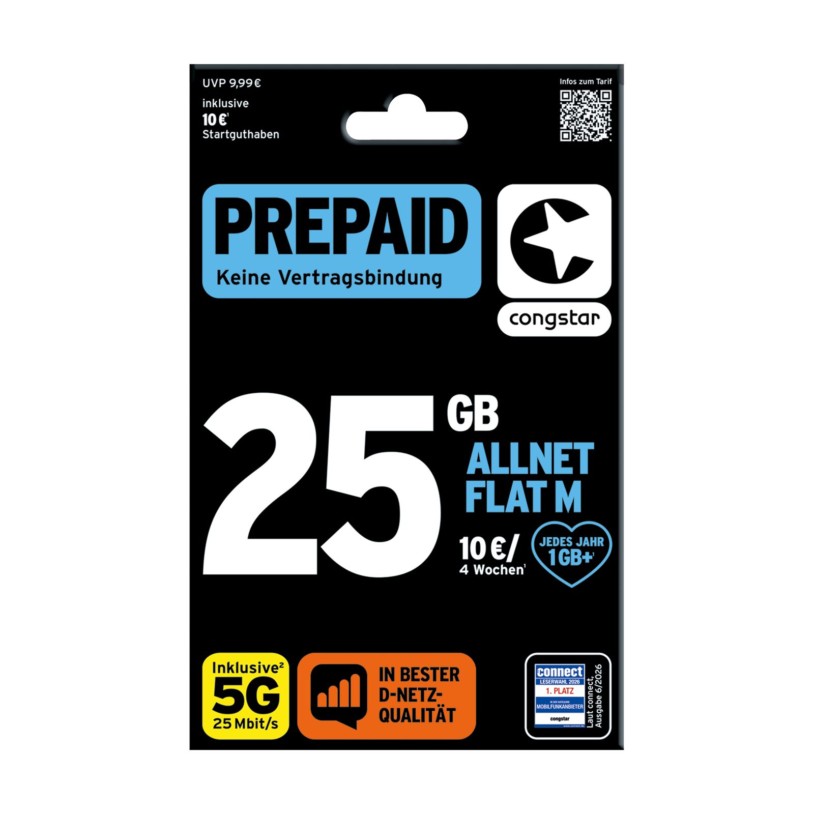 Congstar Prepaid ALLNET M, SIM-Karte ohne Vertrag, 5G mit 25 Mbit/s Prepaidkarte, (EU-Roaming inkl. CH, 10 € Startguthaben)