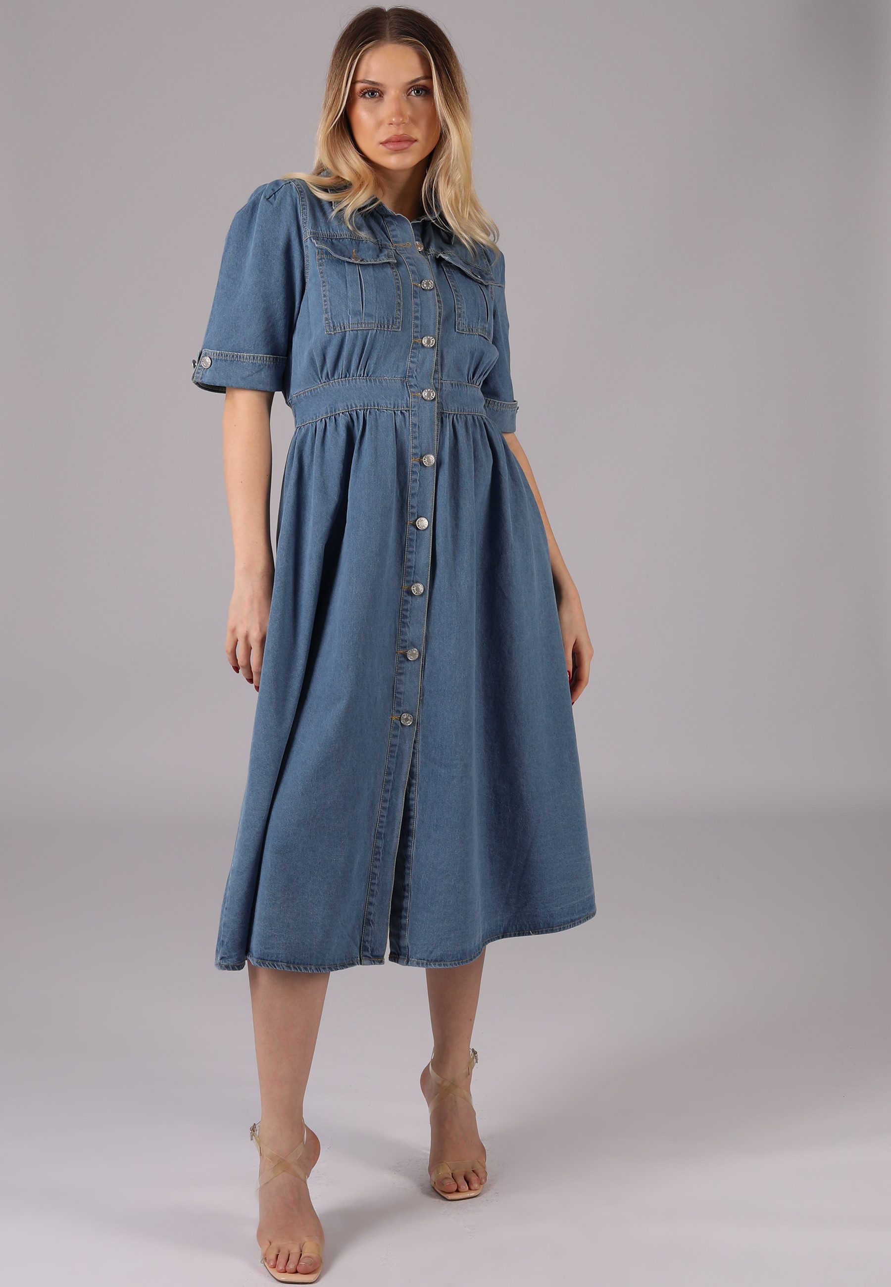 YC Fashion & Style Jeanskleid Jeans-Midikleid mit elastischer Taille und Knopfleiste Basic