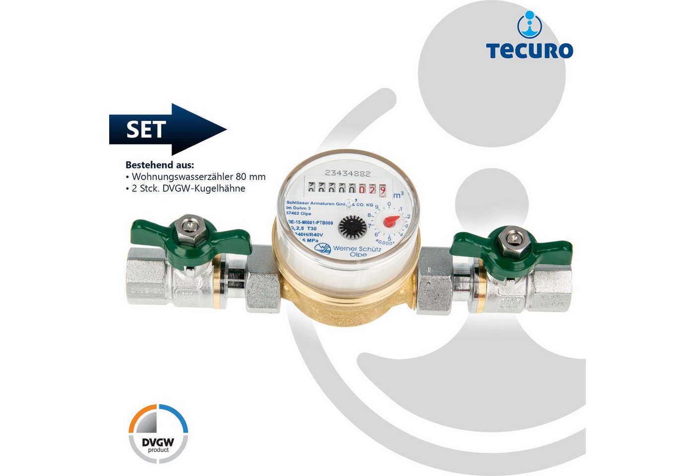 Thumbnail - tecuro Wasserzähler Kombi-Set Kaltwasser bis 30°C - Länge 80 mm, 3/4 Zoll AG, (inkl. Plombiersatz und Dichtung)