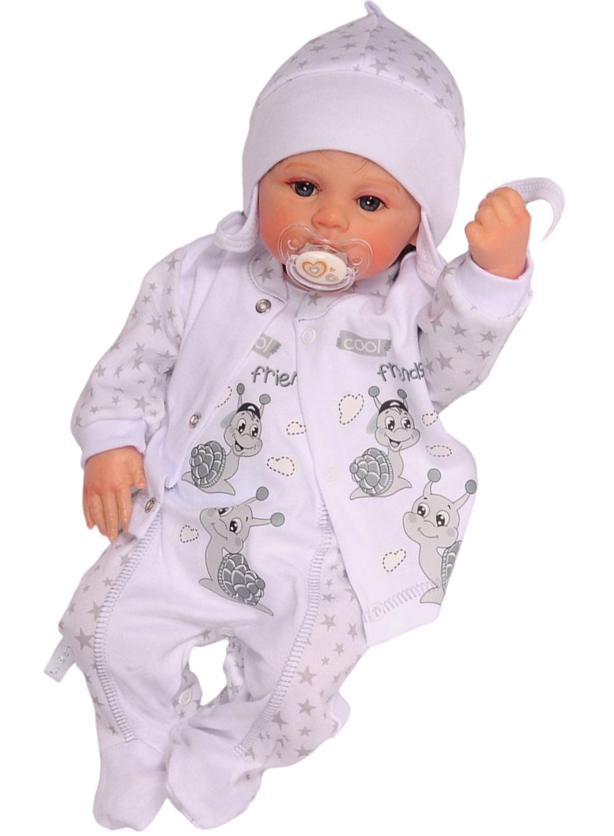 La Bortini Strampler, Jäckchen & Mütze Stramplerhose Mützchen Hemdchen 3tlg Set mit Schnecken aus reiner Baumwolle, 44 50 56 62 68 74 von La Bortini