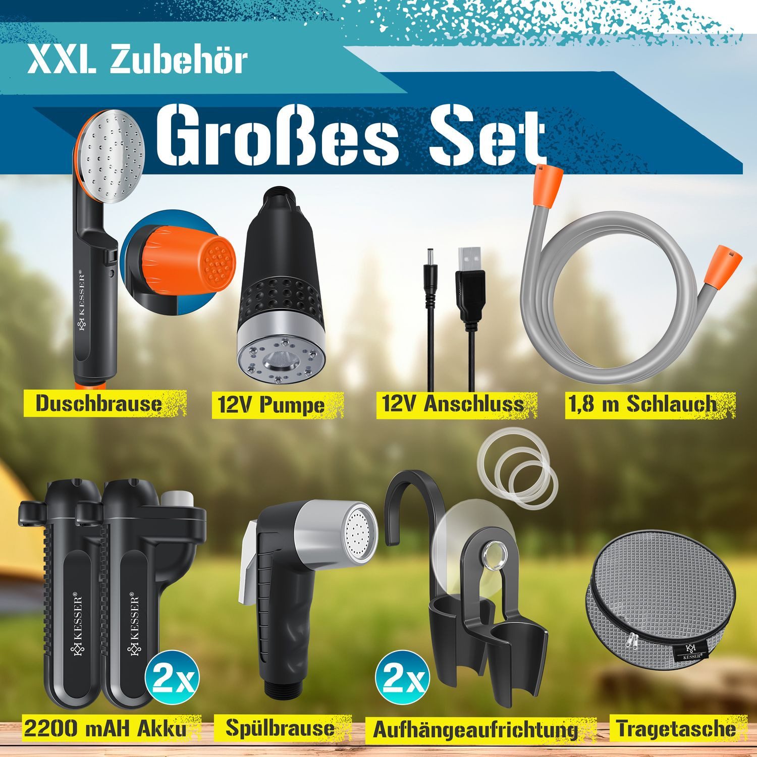 KESSER Gartendusche, Campingdusche mit Akku Tauchpumpe Handbrause 2x 2200 mAh Akku