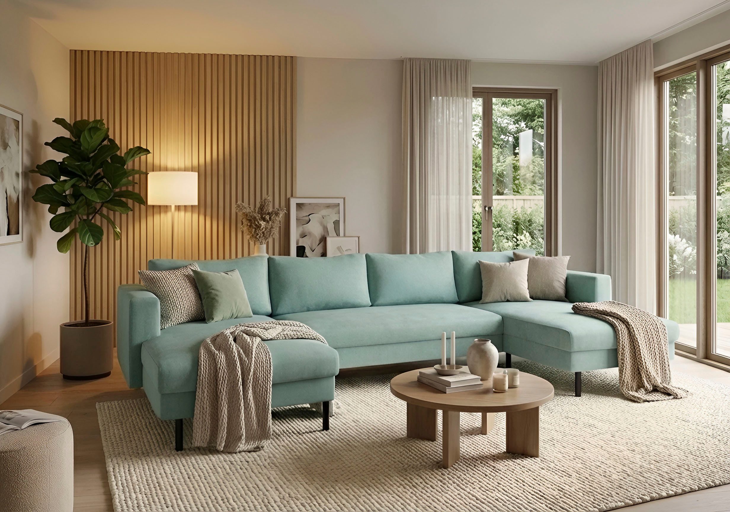 TRENDMANUFAKTUR Wohnlandschaft Amazing II, wahlw. mit Schlaffunktion & Bettkasten, Fuß schwarz, Sofa in U-Form, in Cord, Struktur LEO o. Struktur LINO, Breite 305 cm