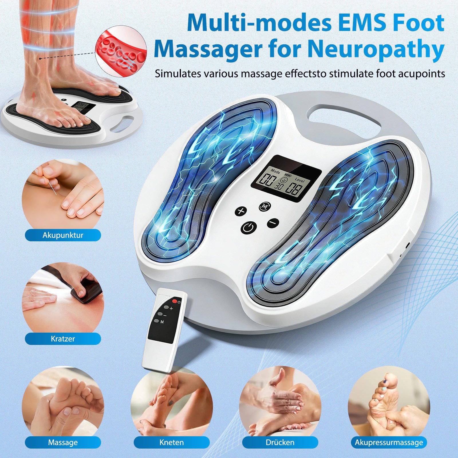 AKKEE EMS-Fußmassage-Gerät Medic Durchblutungsstimulator für Füße & Beine 500/1200mah, (Inkl. 4 TENS-Pads), für Entspannung, Muskelkräftigung und Schmerzbehandlung