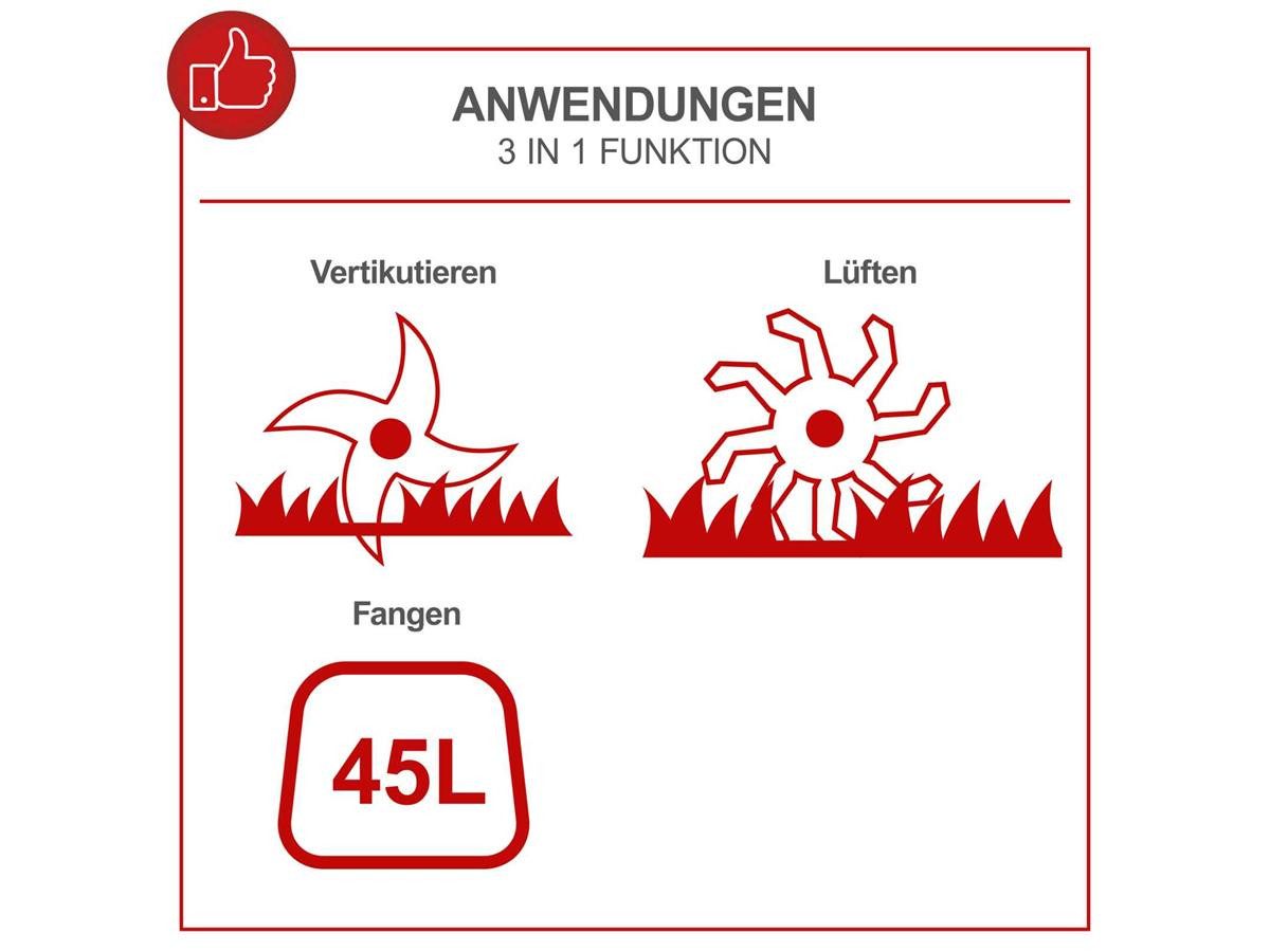 Scheppach Elektro-Vertikutierer / Lüfter SC38, 38 cm Arbeitsbreite, (Set, 3-tlg), 3-in1: Vertikutierer, Rasenlüfter und Rasenmäher, 1600 W Motorleistung