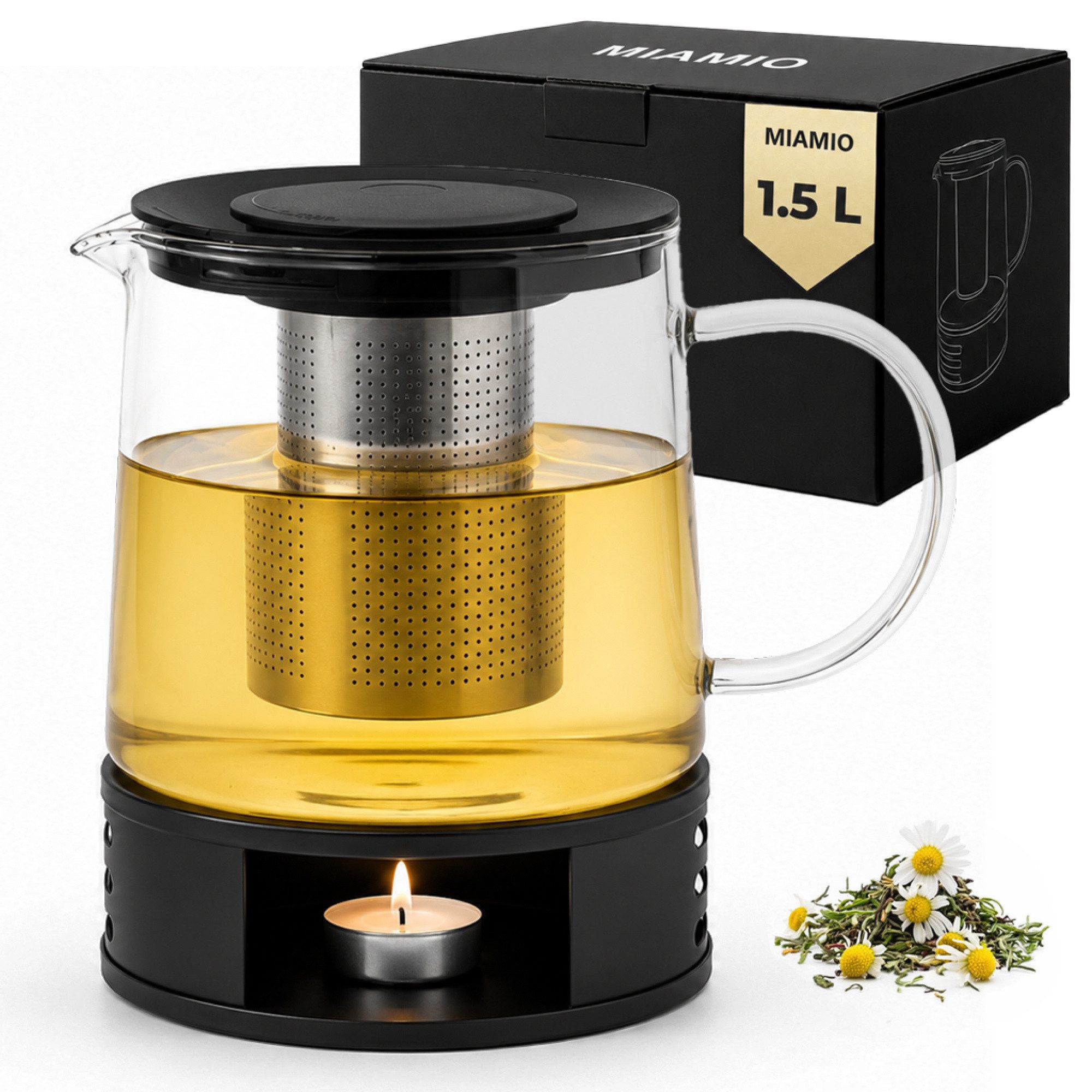 MiaMio Teekanne mit Stövchen und Siebeinsatz, 1,5 l, 1,5 l, (Set, 4-St., mit Stövchen), Borosilikatglas, mit Siebeinsatz