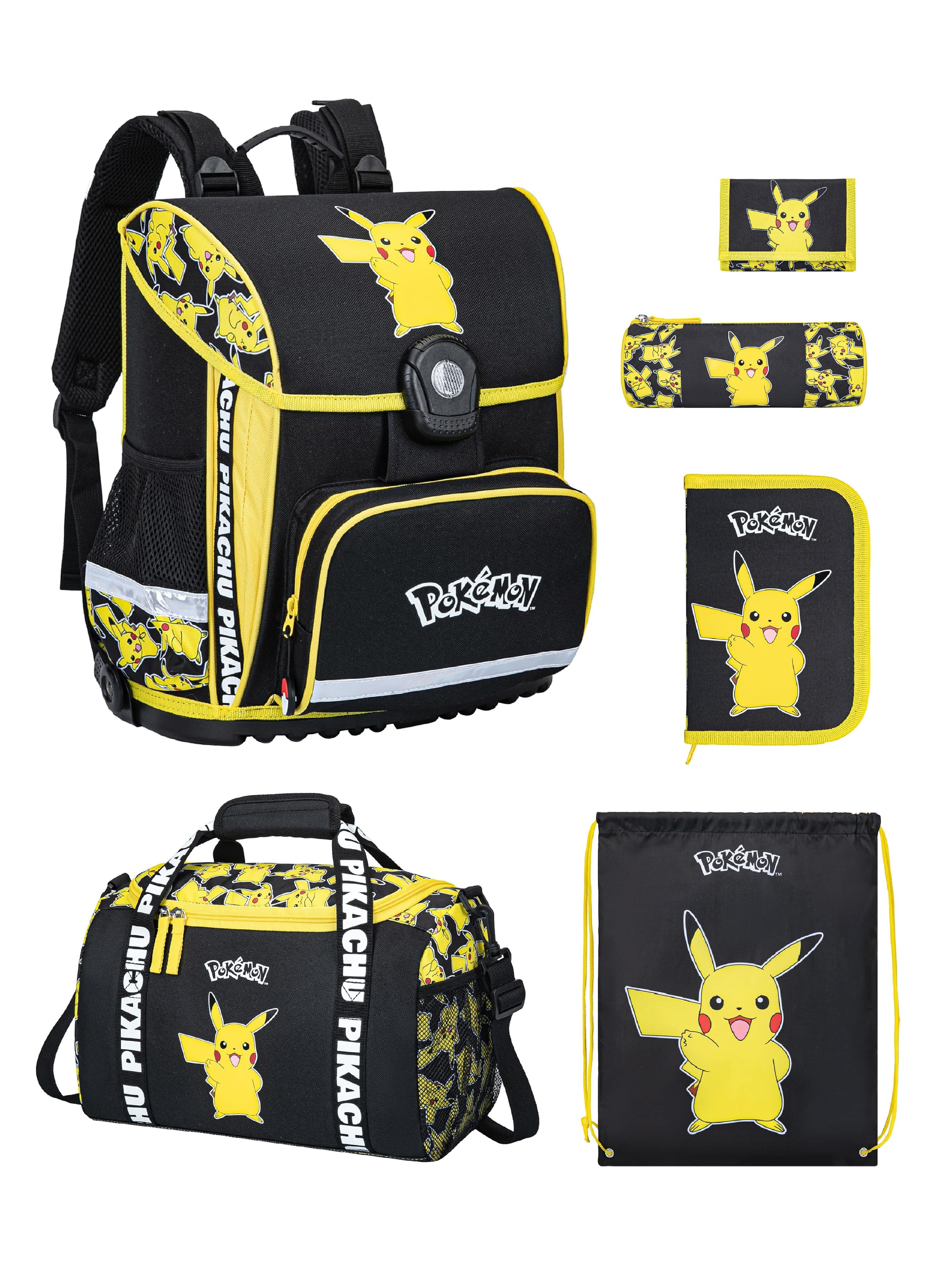 Familando Schulranzen Pokemon Gelb mit Pikachu für 1. bis 4. Klasse, Ergonomisch & Leicht (Set, 6-tlg., Grundset mit großer Sporttasche), mit großer Sporttasche