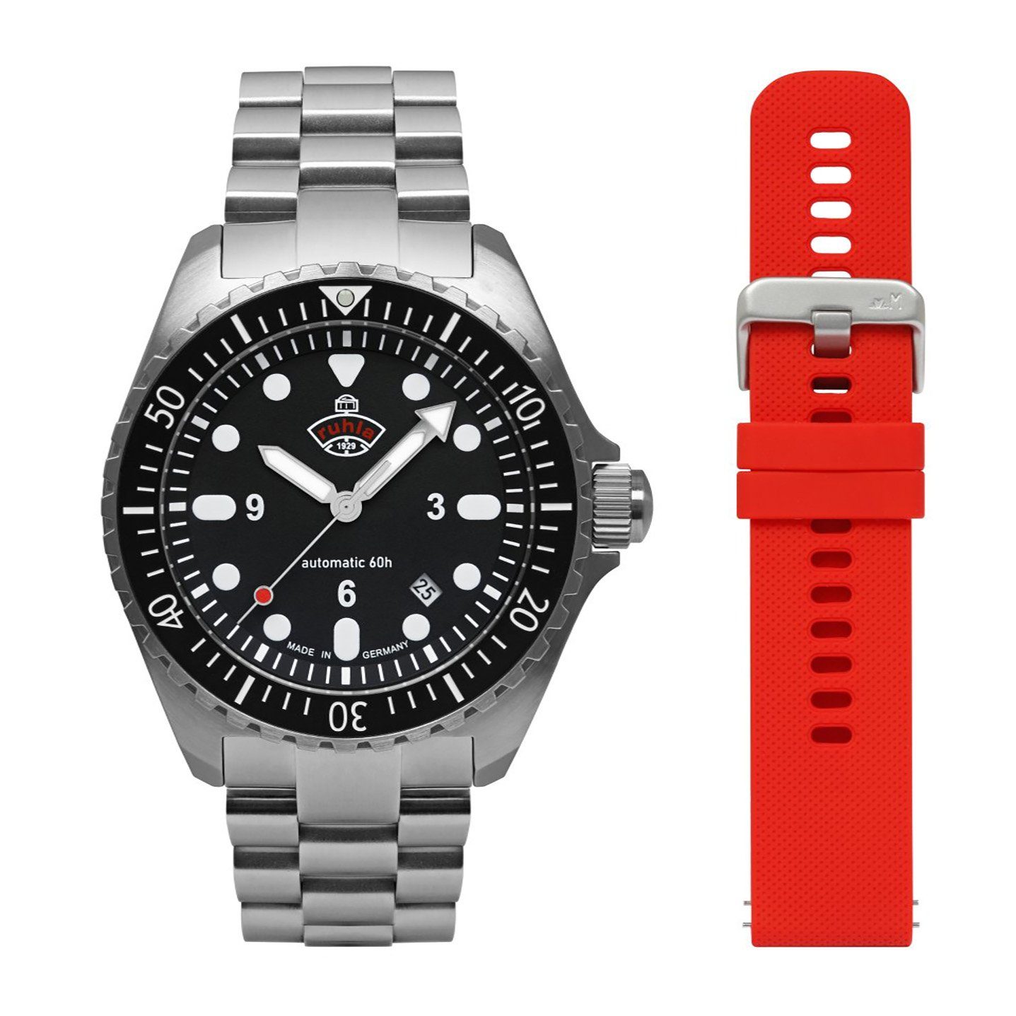 ruhla Automatikuhr NVA Kommando Minen-Taucheruhr – 43 mm, Set mit 2 Armbändern, 4960M2-SET, Made in Germany - 20 ATM
