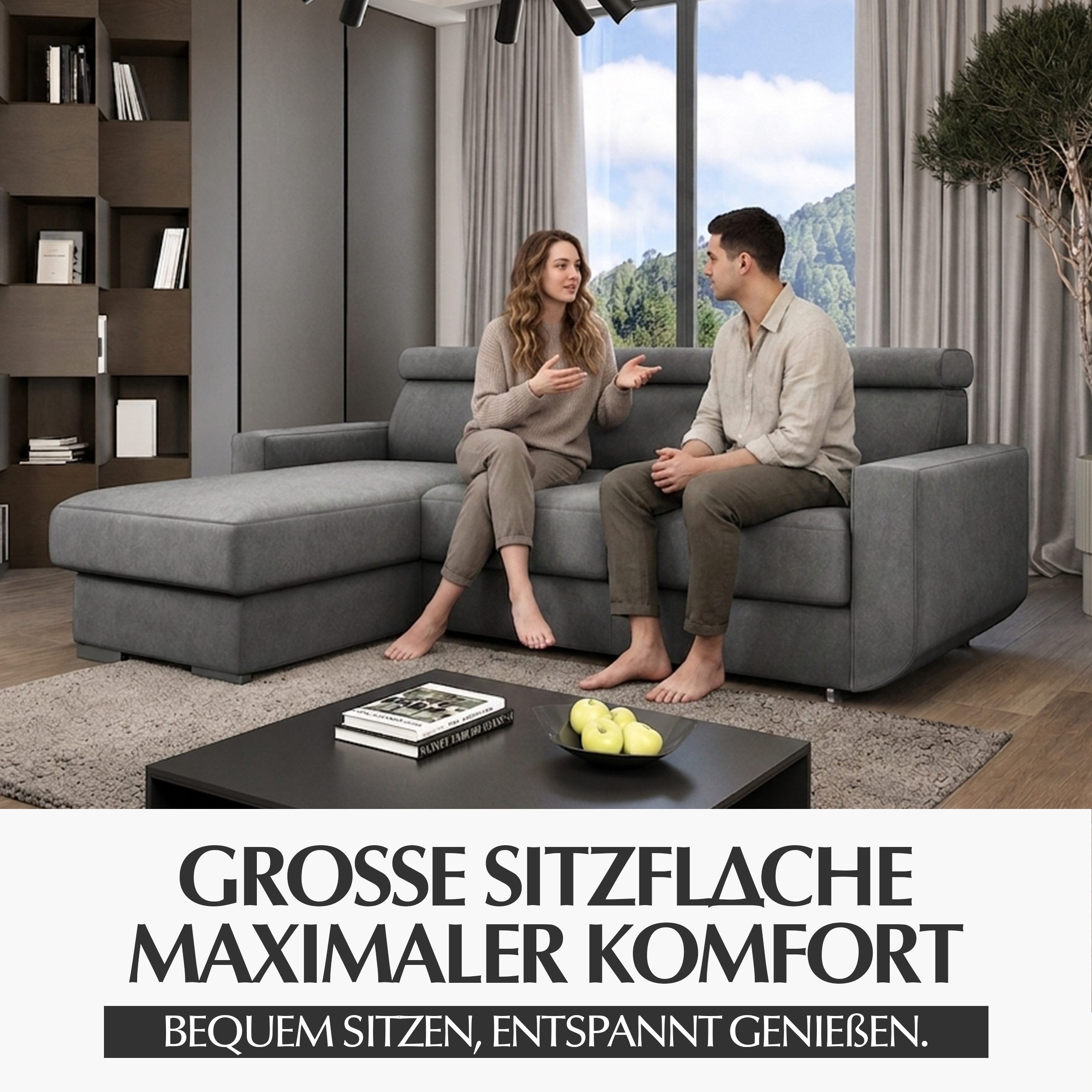 Goldstoff Ecksofa mit Schlaffunktion & Bettkasten "HUGO" verstellbare Kopfstützen, L-Form Couch mit Schlaffunktion und Bettkasten - Sofa, mit Relaxfunktion