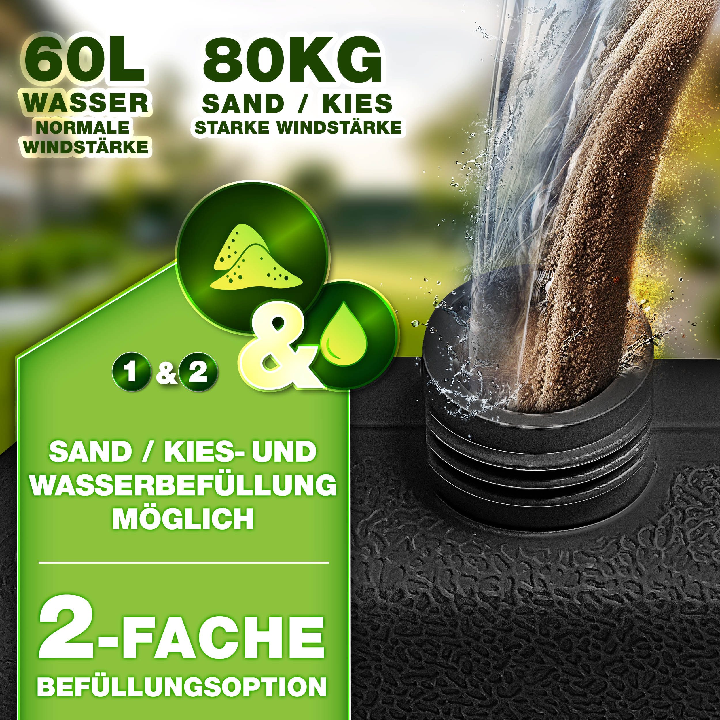 tillvex Sonnenschirm tillvex® Sonnenschirmständer 60L / 80kg Schirmständer Schirmgewicht, Schirmständer Ampelschirmständer wetterfest, inkl. Metallverbinder Schirmgewicht befüllbar, Sonnenschirmständer 60 Liter / 80 kg – 4-teilig für Ampelschirm