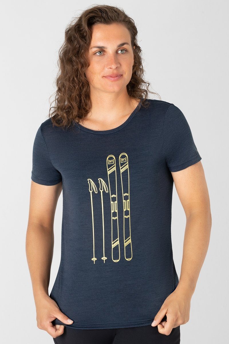 SUPER.NATURAL Print-Shirt Merino TEE Merino-Materialmix bequemer W T-Shirt Melange/Gold Iris SKIING Blue
