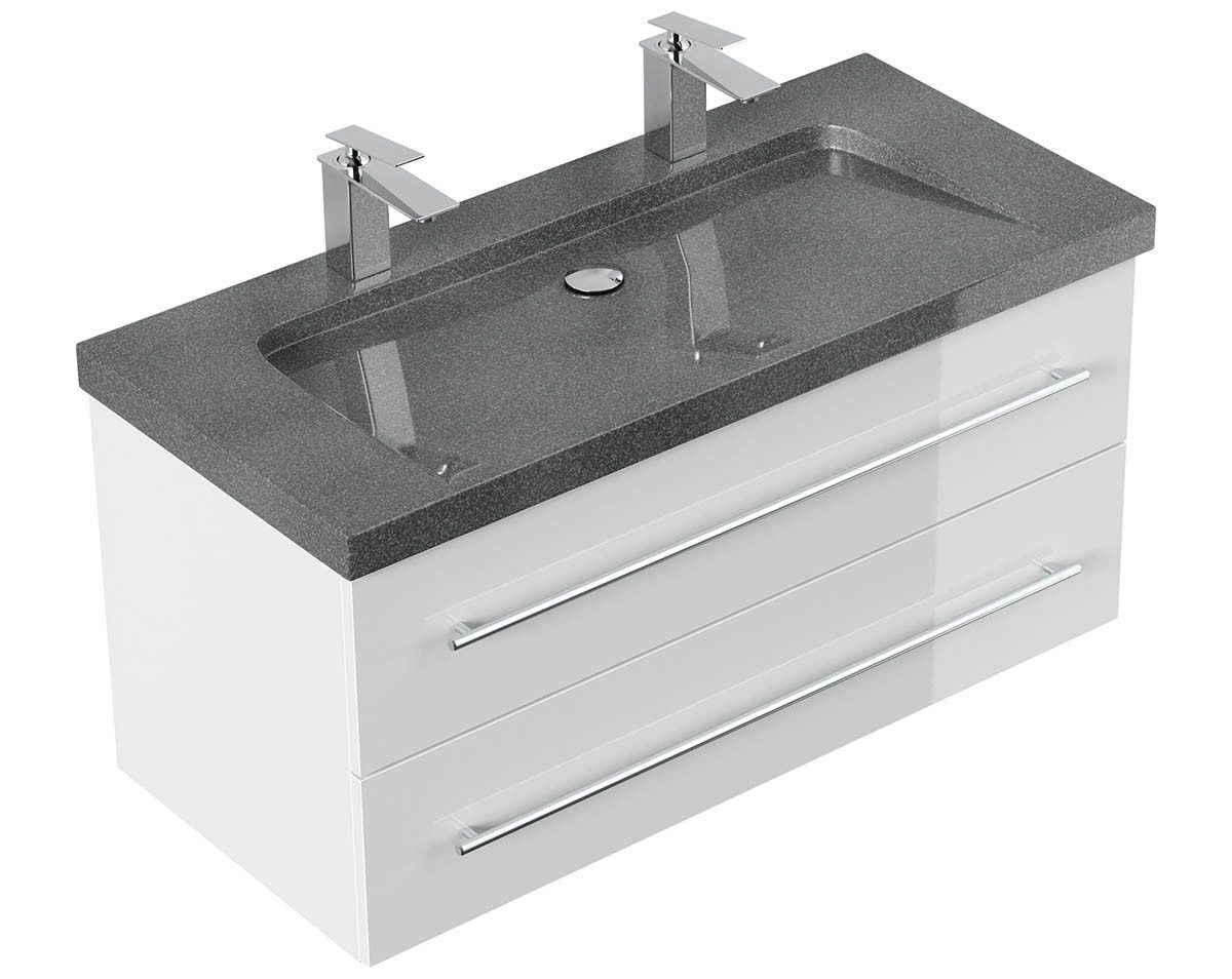 Posseik Waschtisch-Set Bad Doppel-Waschtisch NATURE 100cm, Granit-Becken, weiß hochglanz, (Badmöbel Set, 1-St., Waschtisch Set)