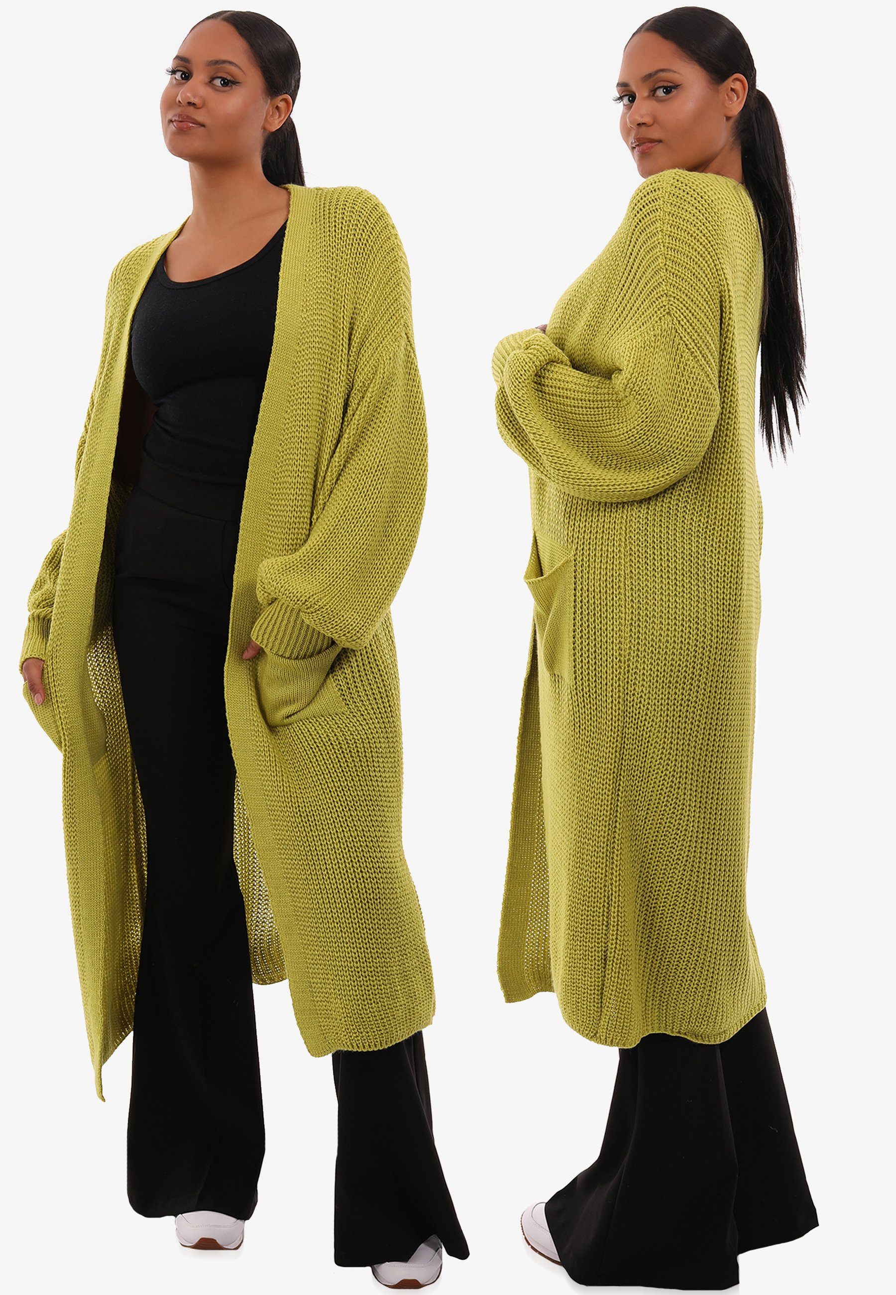 mit & in Cardigan Cardigan aufgesetzten Basic Unifarbe, Taschen Fashion YC Verschlusslos Strickjacke Style lime