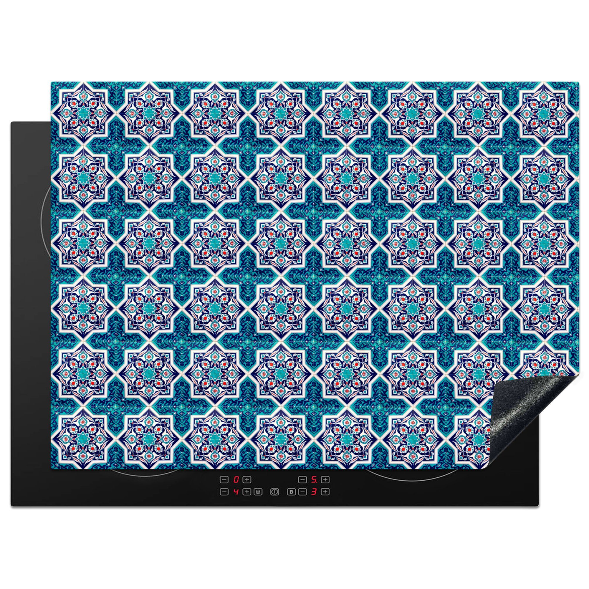 MuchoWow Herdblende-/Abdeckplatte Ein marokkanisches Mosaikfliesenmuster, bei dem hauptsächlich die, Vinyl, (1 tlg), 71x52 cm, Induktionskochfeld Schutz für die küche, Ceranfeldabdeckung