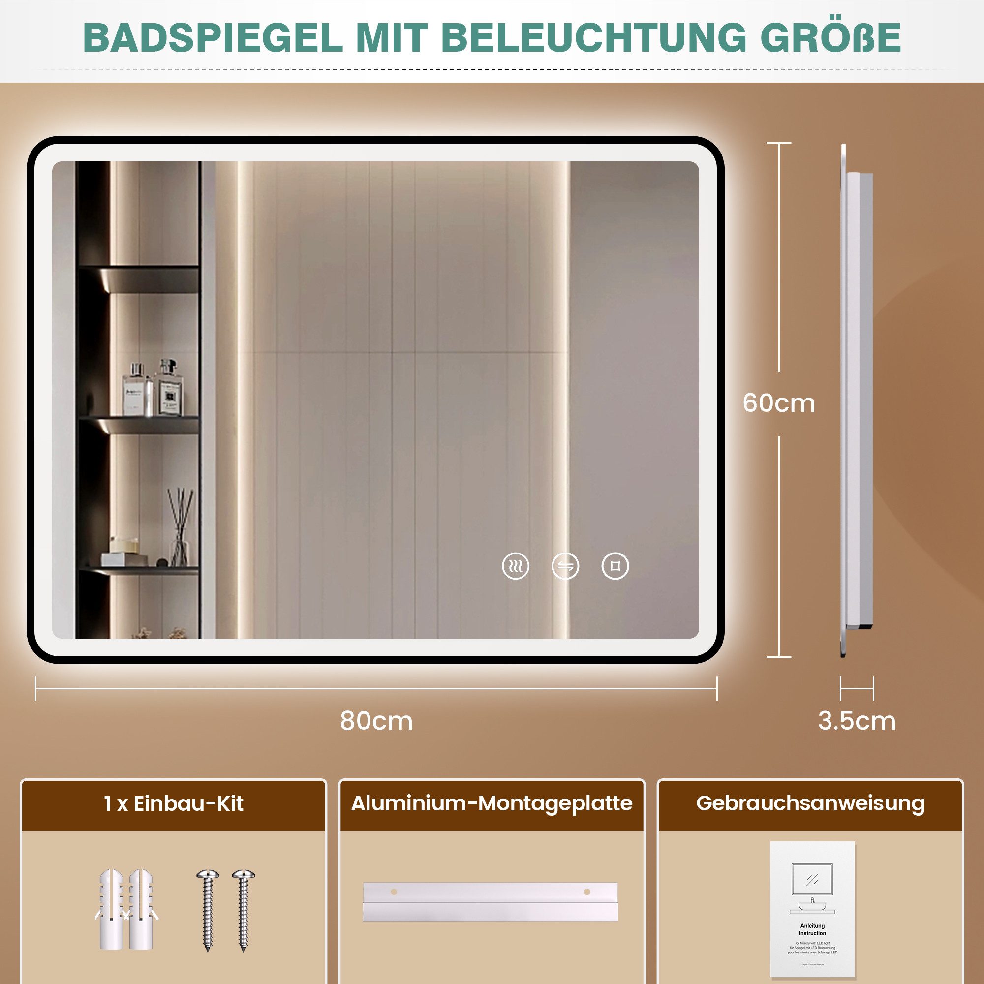 PESENXAN Badspiegel mit Beleuchtung 80 x 60 cm, LED Badezimmerspiegel, Dimm günstig online kaufen