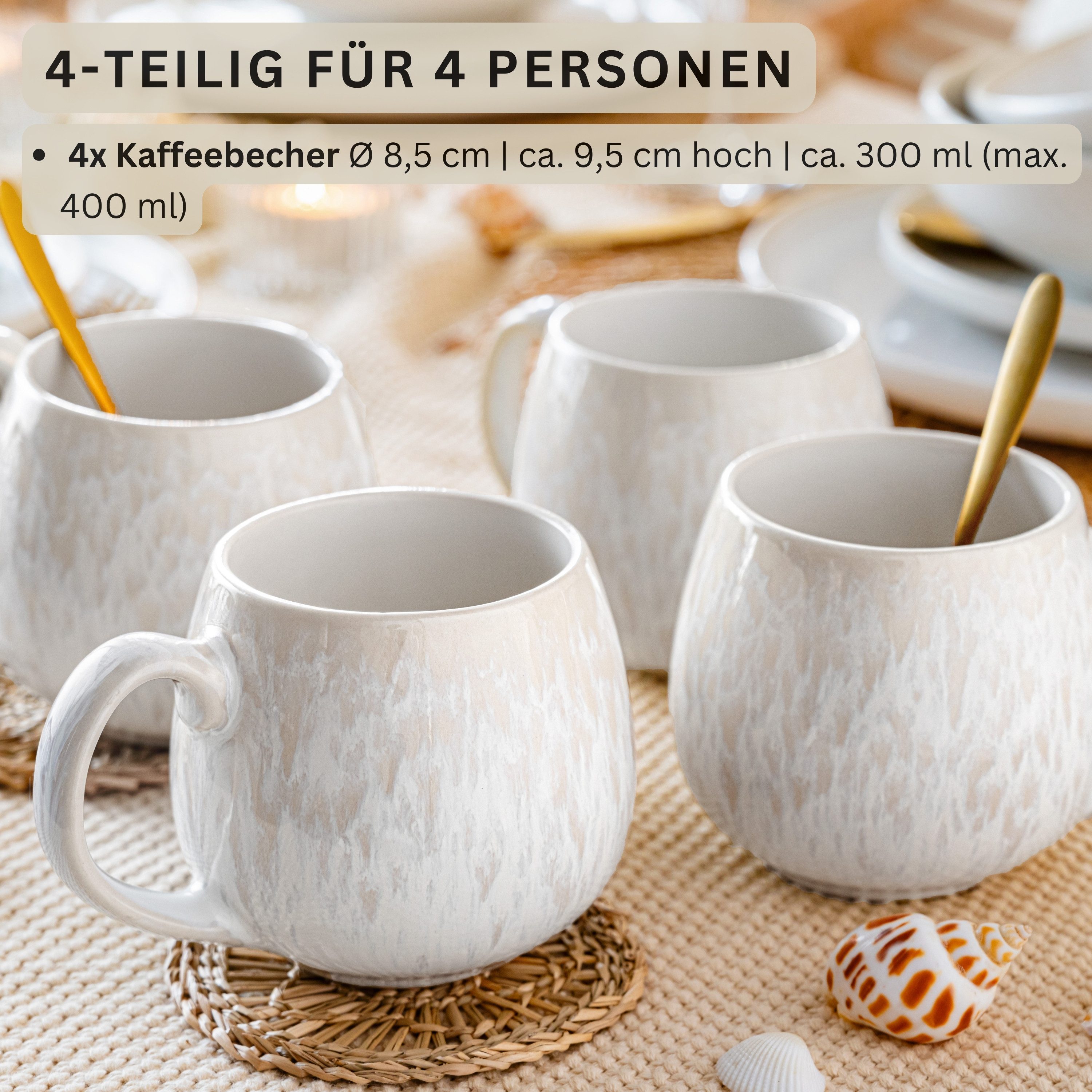 SÄNGER Becher Korfu Kaffeebecher Set (4-teilig), 4-tlg., Steingut, 300ml, Creme Farben, Handmade, Premium Collection