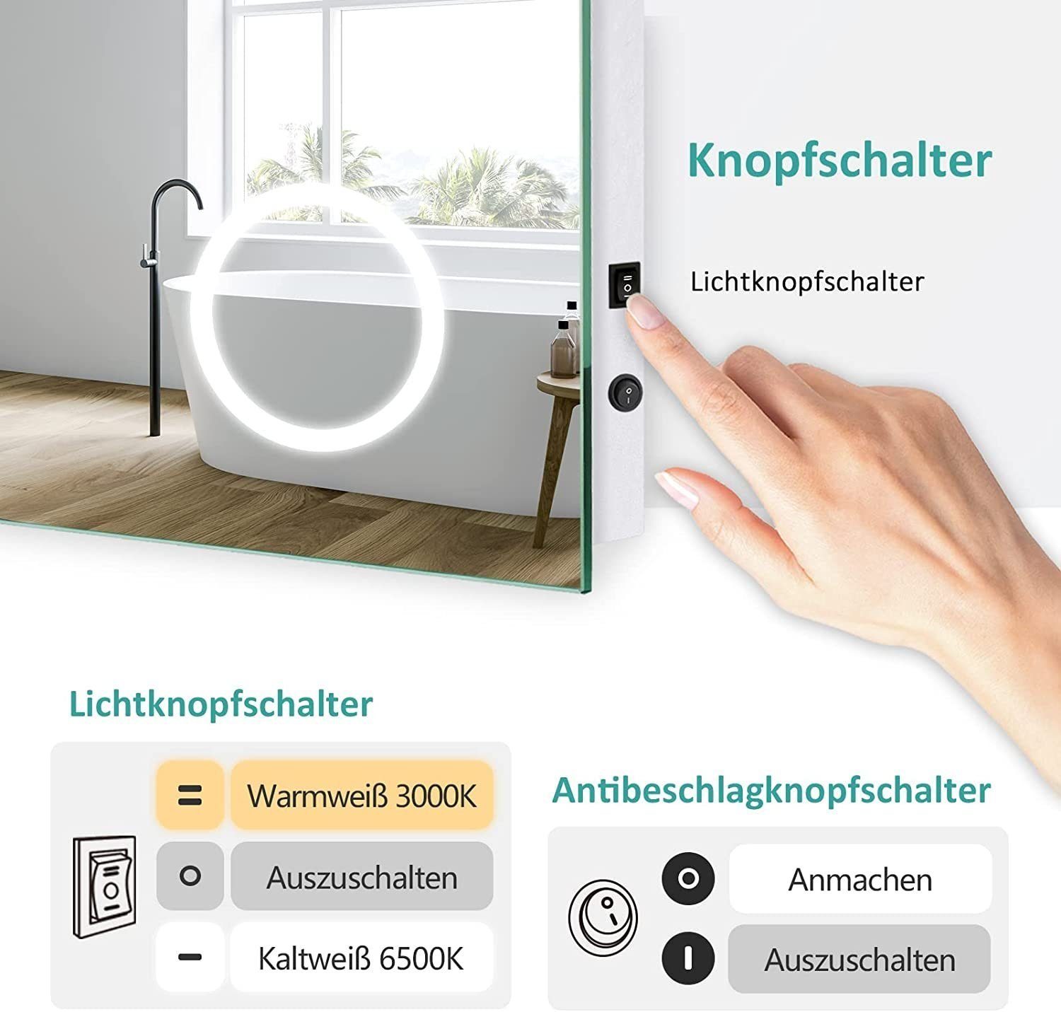 EMKE Badspiegel EMKE LED Badezimmerspiegel mit Beleuchtung LED Wandspiegel,  mit Taste und Beschlagfrei, 2 Lichtfarbe Warmweiß/Kaltweiß