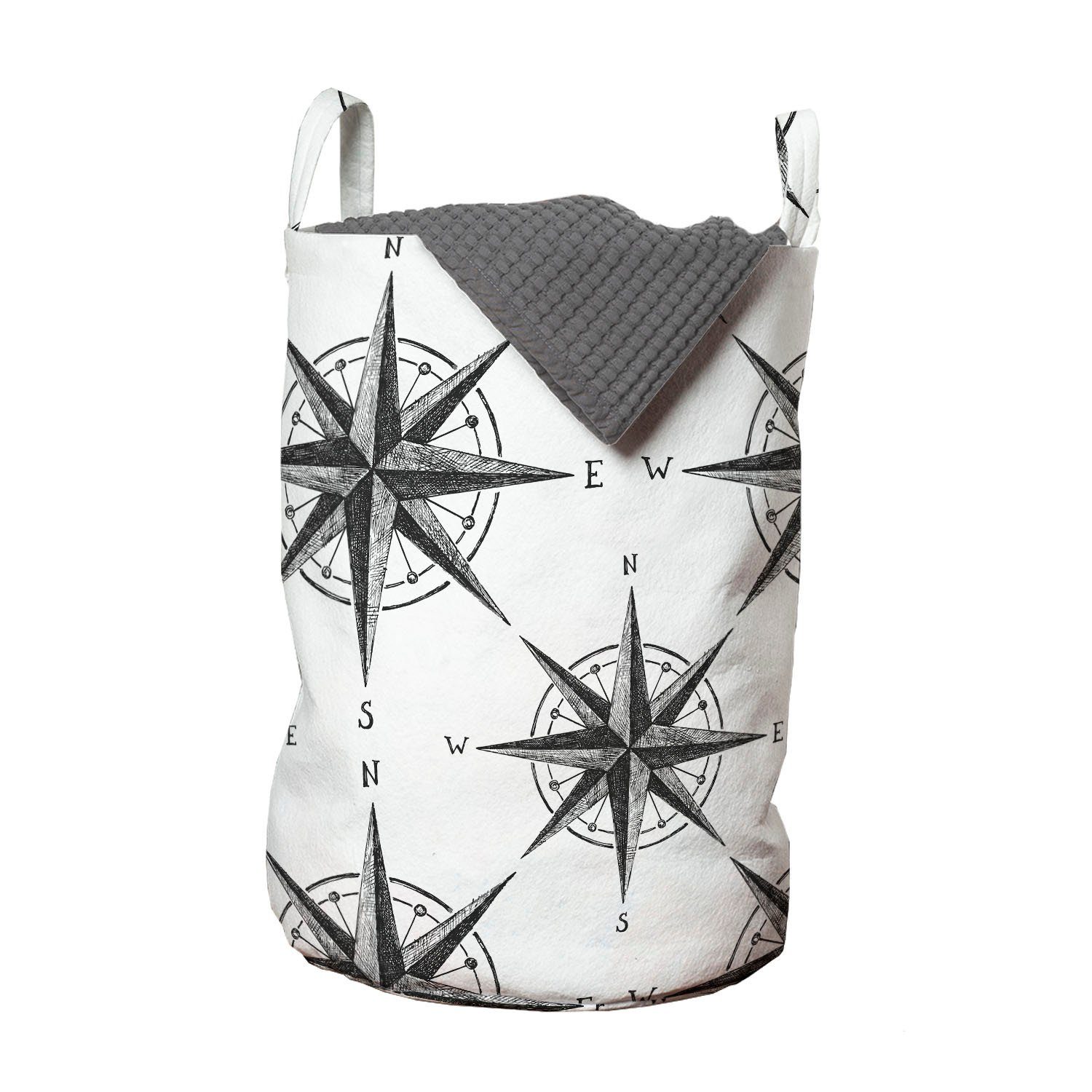 Abakuhaus Wäschesäckchen Wäschekorb mit Griffen Kordelzugverschluss für Waschsalons, Kompass monochrome Windrose