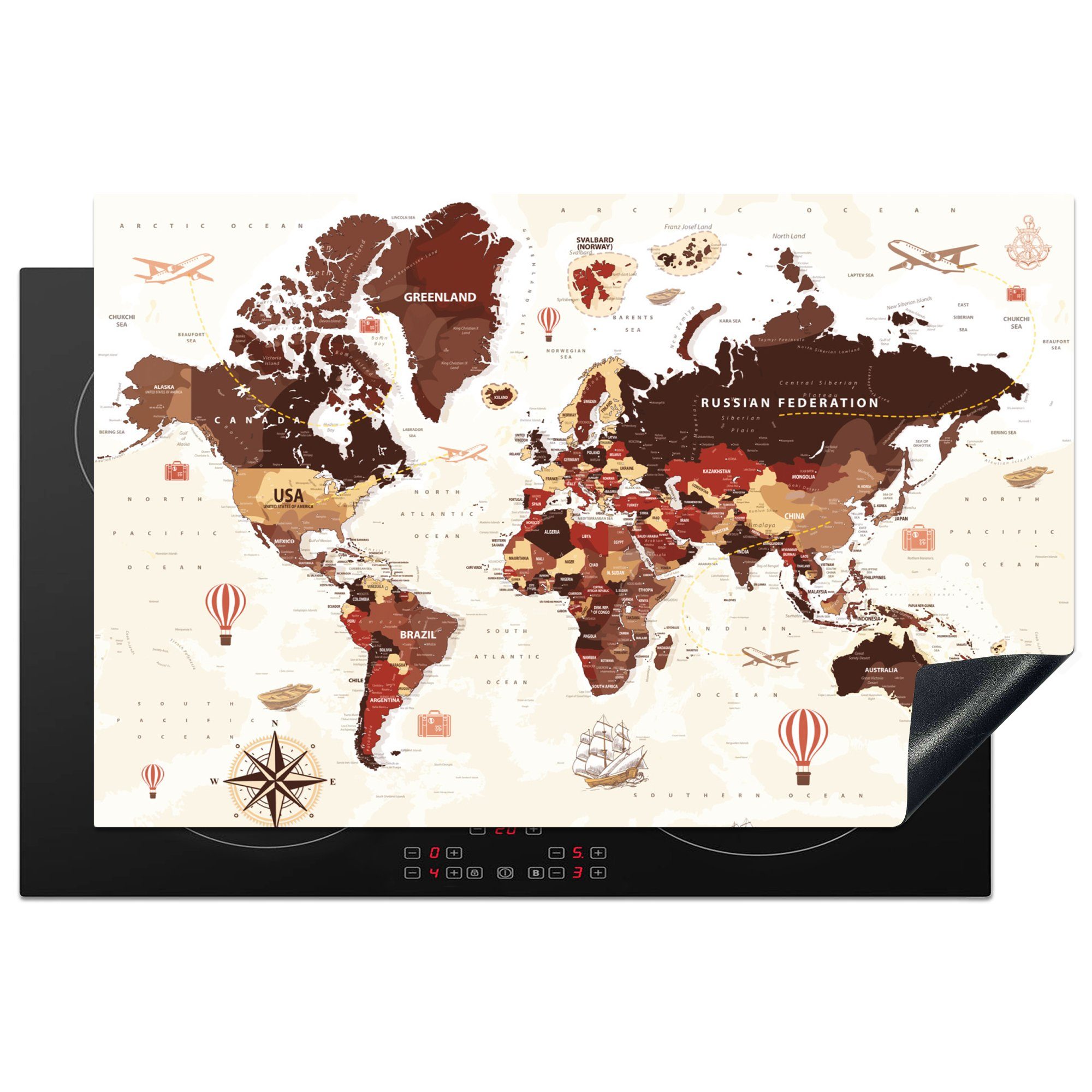 MuchoWow Herdblende-/Abdeckplatte Weltkarte - Braun - Rot, Vinyl, (1 tlg), 81x52 cm, Induktionskochfeld Schutz für die küche, Ceranfeldabdeckung