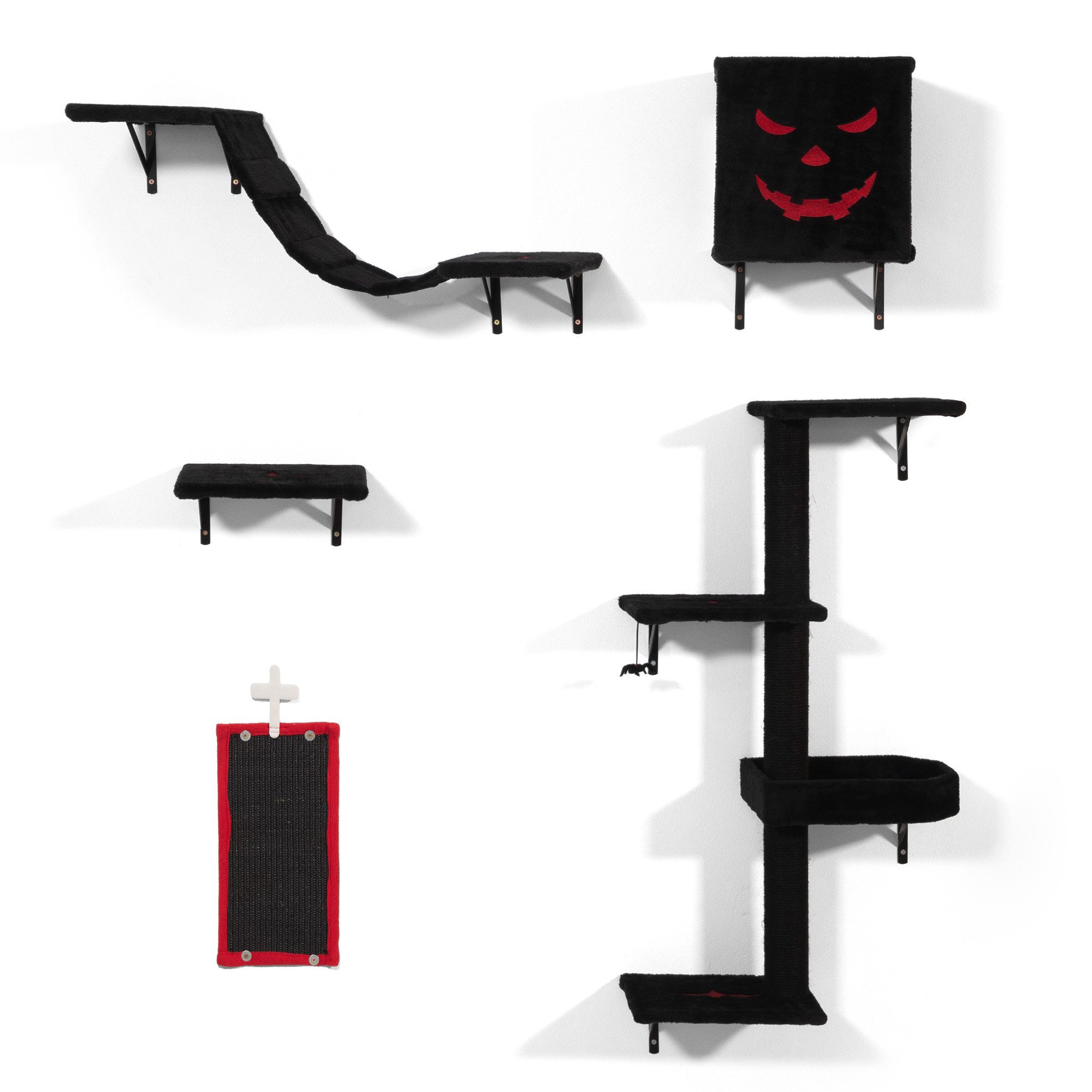 FURPAL Kratzbaum Katzen Kletterwand Set 5-teilig – Wandmontierte Katzenwand, mit Kratzbrett, Katzenwohnung & Sitzstangen, Platzsparend (Schwarz)