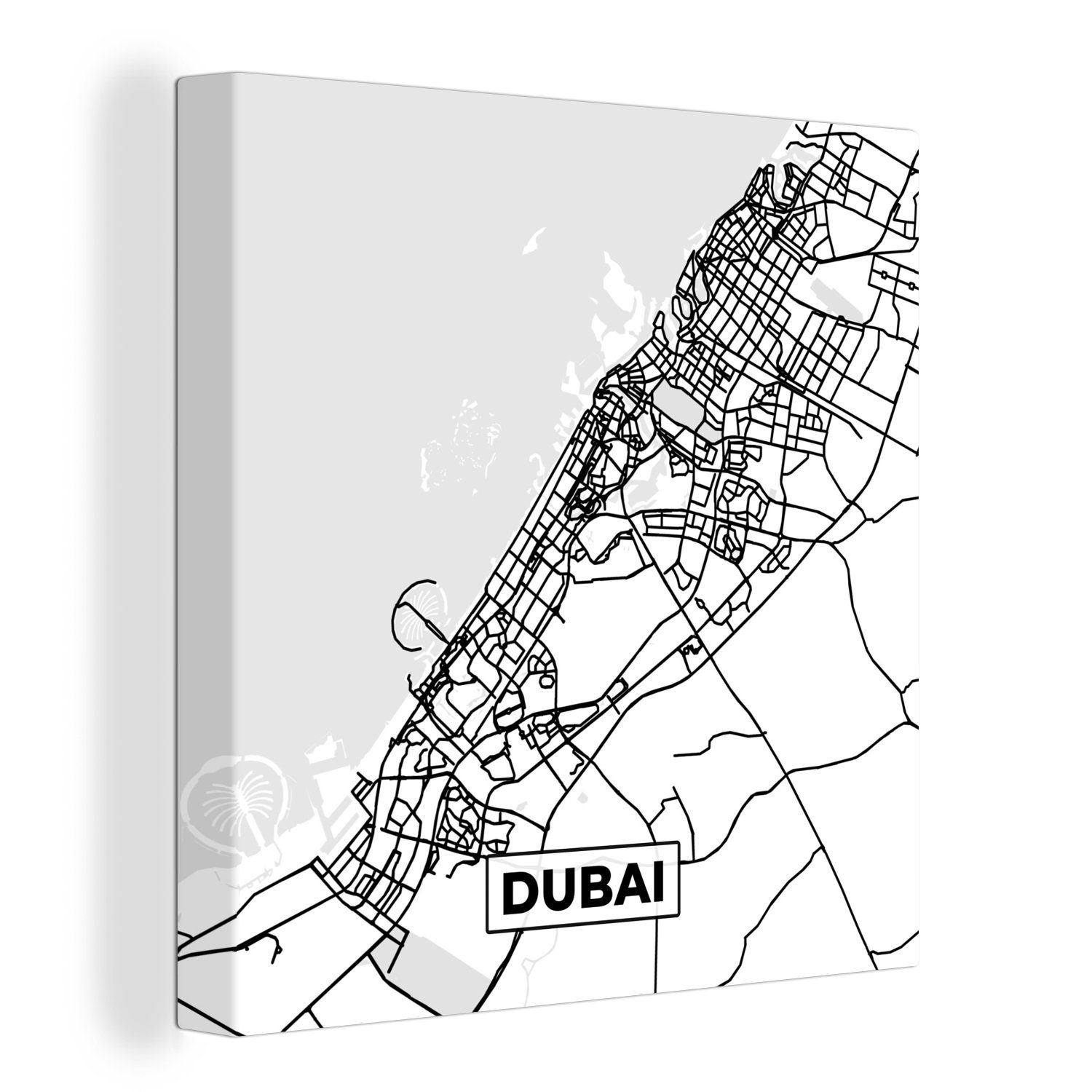 OneMillionCanvasses® Leinwandbild weiß - Leinwand (1 Stadtplan Karte Bilder und Schwarz - - für Dubai Wohnzimmer Schlafzimmer Karte, - St)