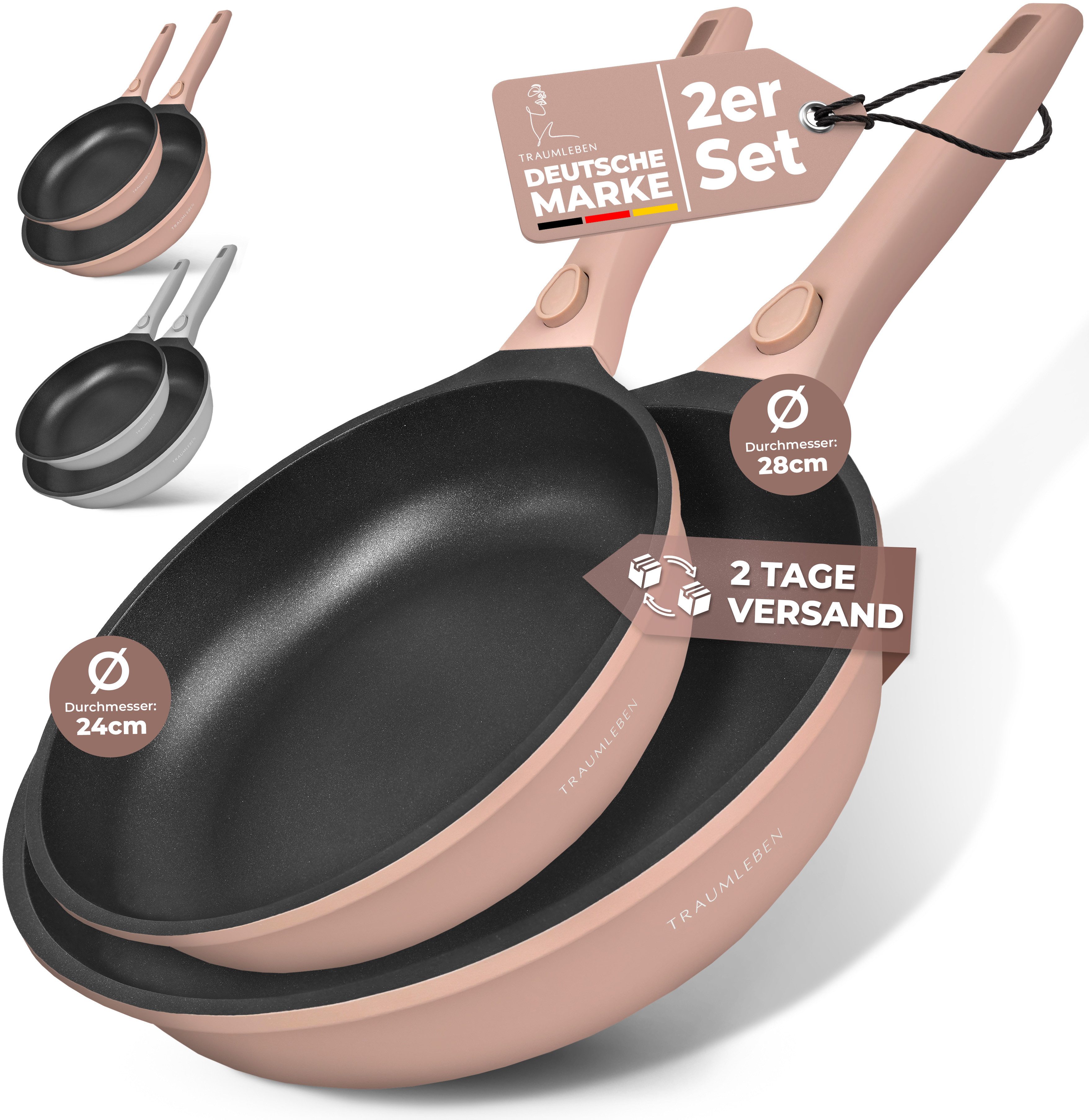 TRAUMLEBEN Pfannen-Set Pfanne 24/28 cm Bratpfanne Antihaftbeschichtung abnehmbare Griffe, Aluminium (2-tlg), Beschichtete Pfannen, Pfannenset