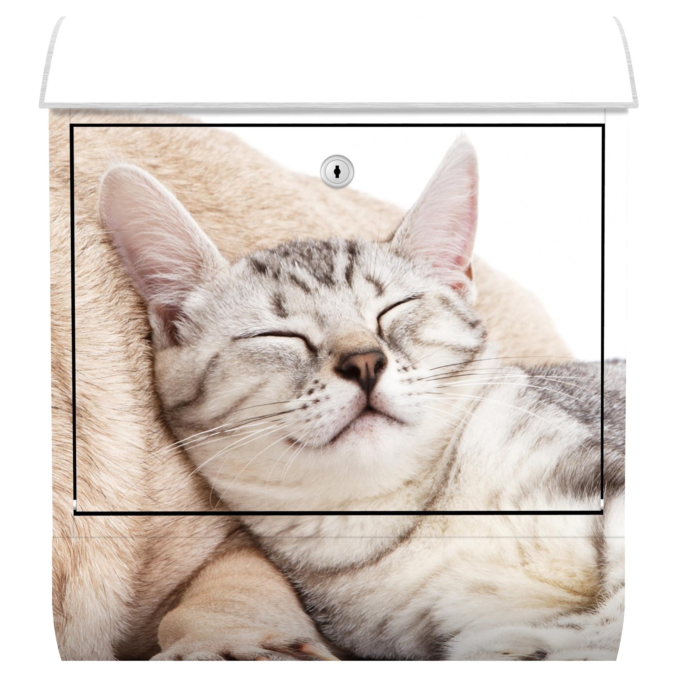 Bilderdepot24 Briefkasten Wandbriefkasten mit Zeitungsfach Motiv Schlafende Katze (inkl. Zeitungsrolle und 3 Schlüssel), Motivdruck, wetterfest, UV-beständig, abschließbar, 46x39x13 cm