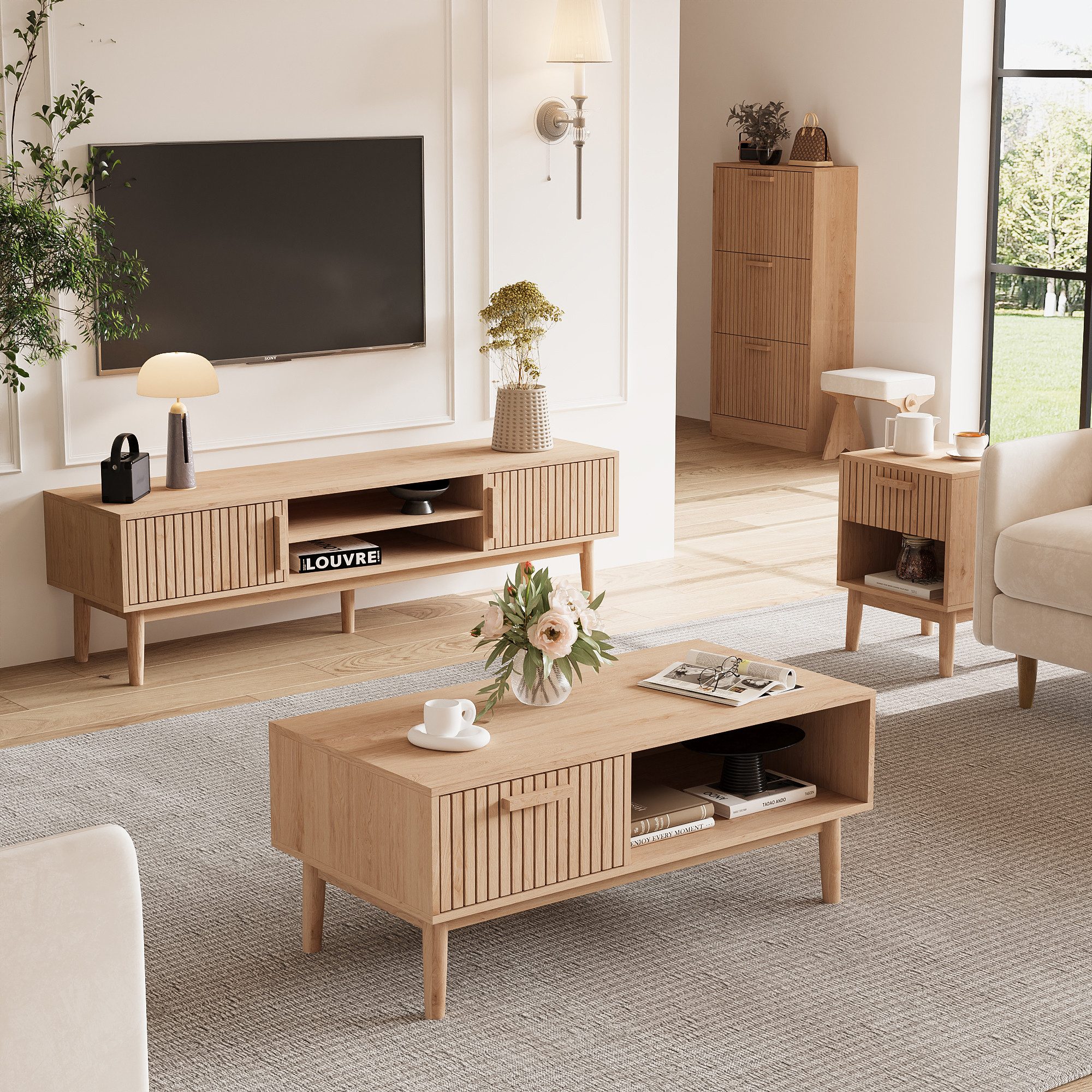 FUROKOY Lowboard aus Rattan, Fernsehschrank Wohnzimmertisch günstig online kaufen