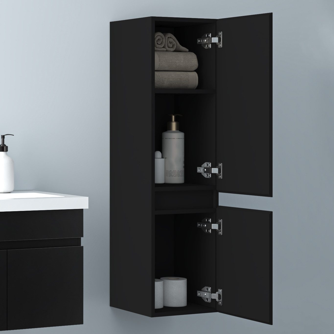 Aica Sanitär Hochschrank Hochschrank Badschrank mit 2 Türen Wandschrank Hängeschrank Hochglanz – Bild 3 von 5