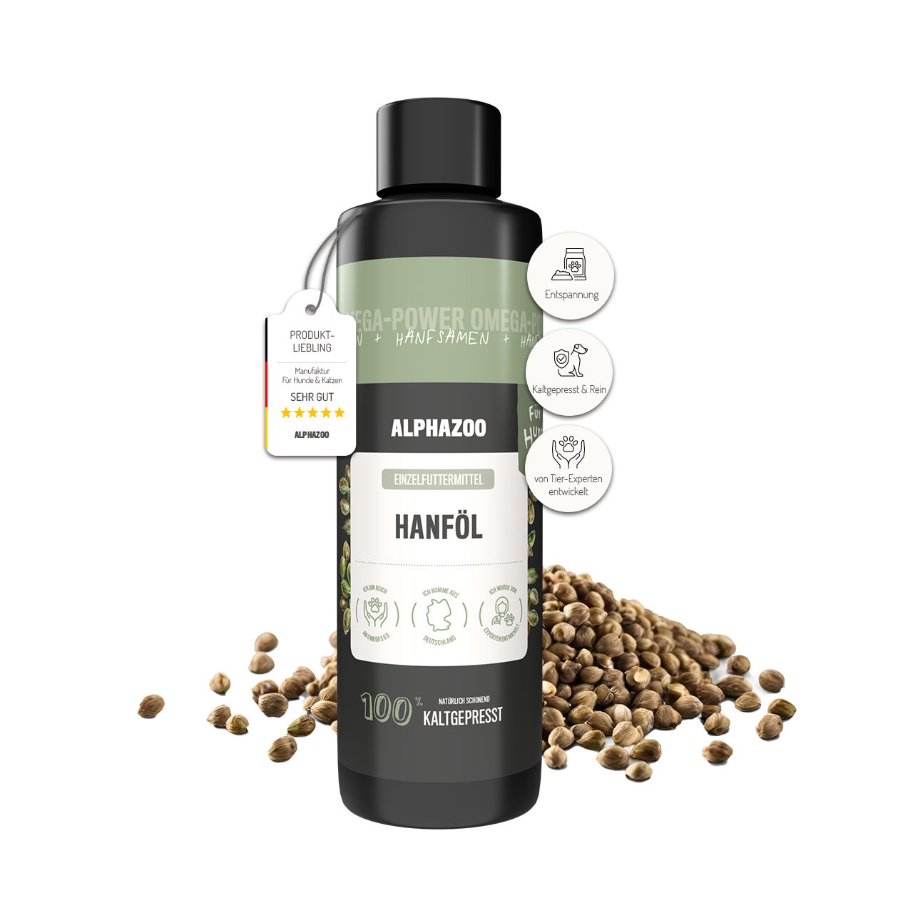 ALPHAZOO Hanföl für Hunde 250ml, Reines Hanfsamen-Futteröl kaltgepresst, Ergänzungsfutter für: Hunde, Mit Omega-3, -6 und -9 für BARF, Nass- und Trockenfutter