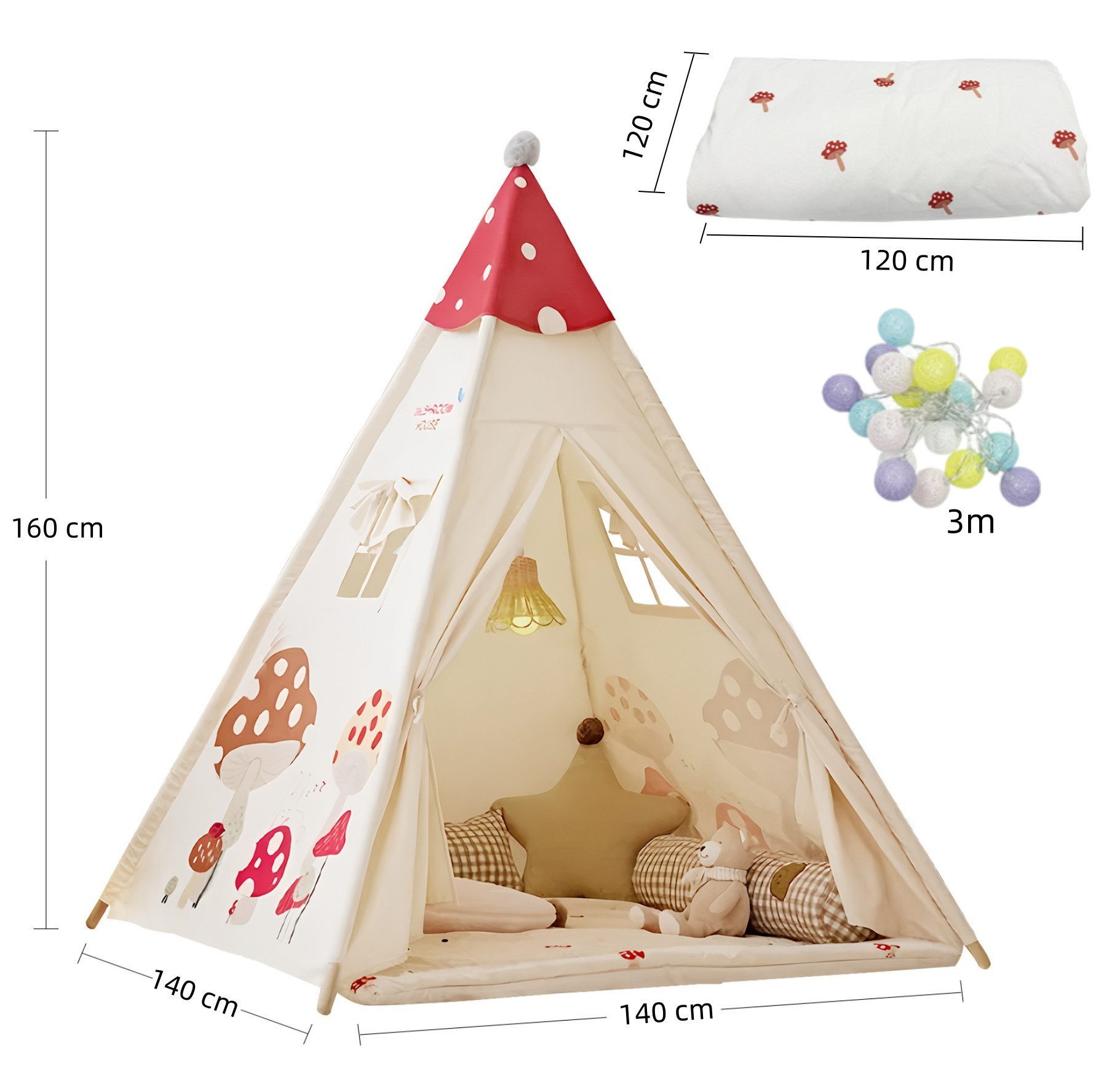 SEHAUSEU Spielzelt Tipi-Zelt Kinderzelt Spielhaus mit Bodenmatte und Lichterkette