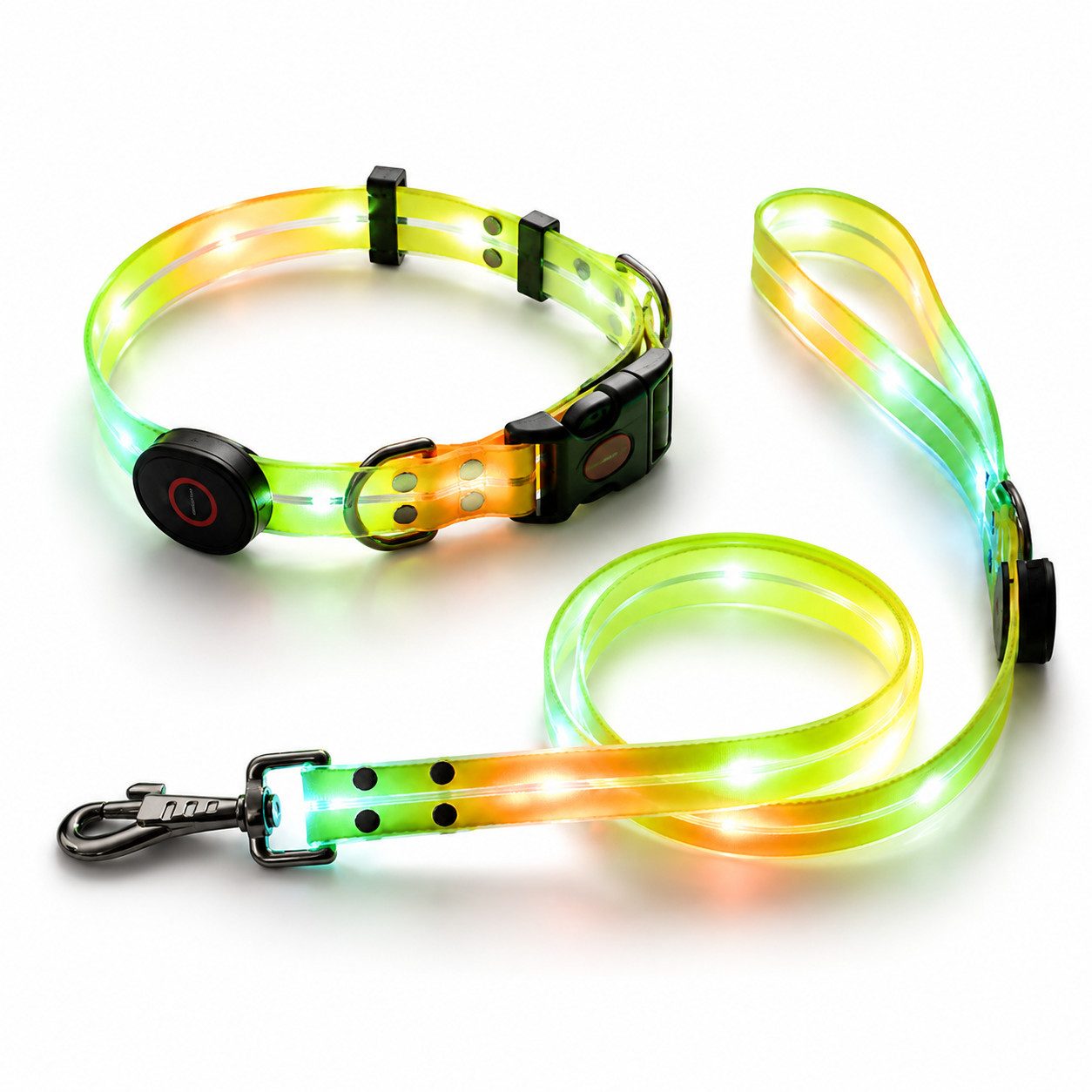 ibettertec Hunde-Halsband LED Leuchthalsband für Hunde mit Leine, Reflektierendes, Verstellbares mit farbigem Lichtband und praktischer Führleine