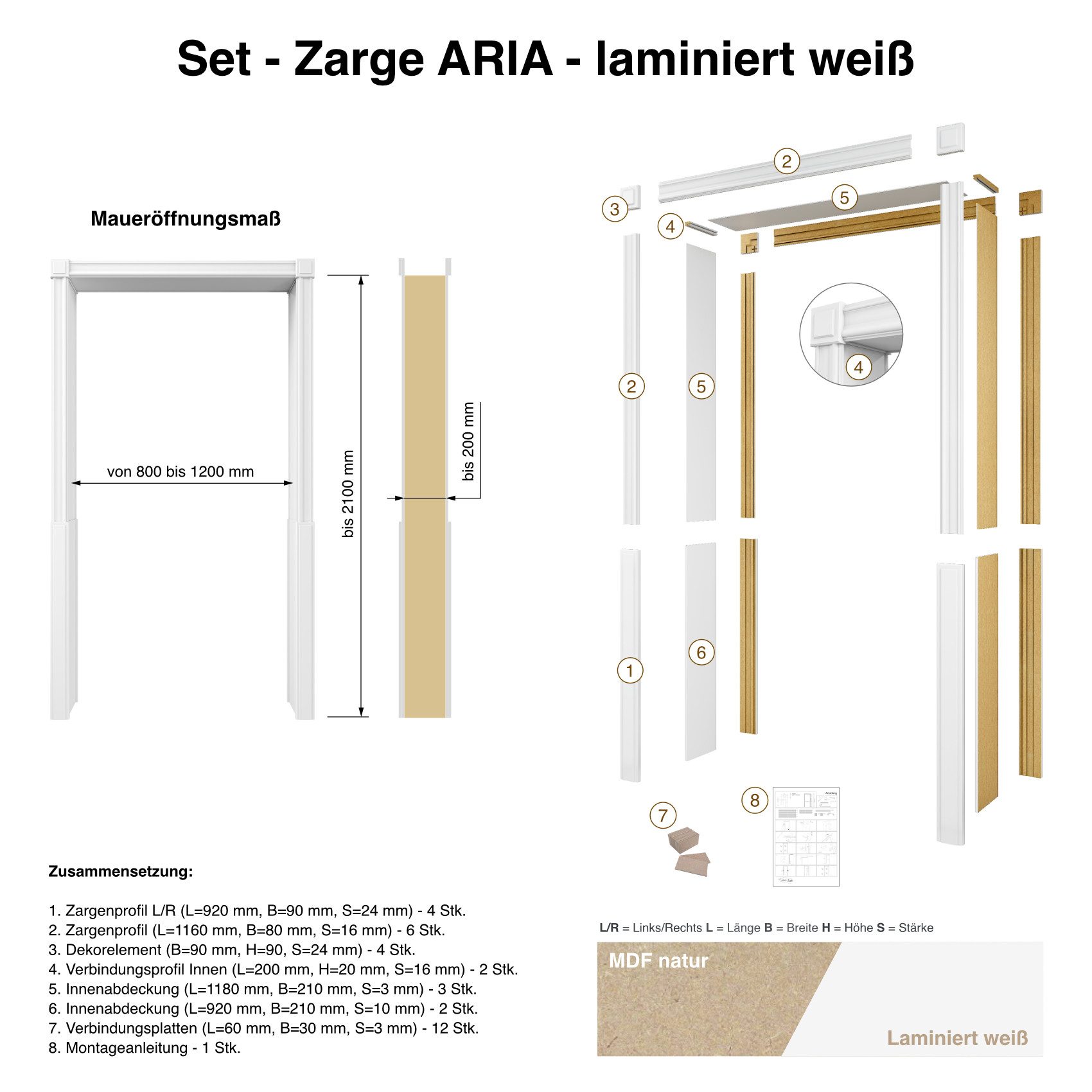 Hexim Decken-Rosette (Zarge weiß Türrahmen – Durchgangszarge Selbstmontage Türzarge Durchgangsfutter laminiert (Aria) – Dufu, Türumrandung, Komplettset offene T – Bild 3 von 5