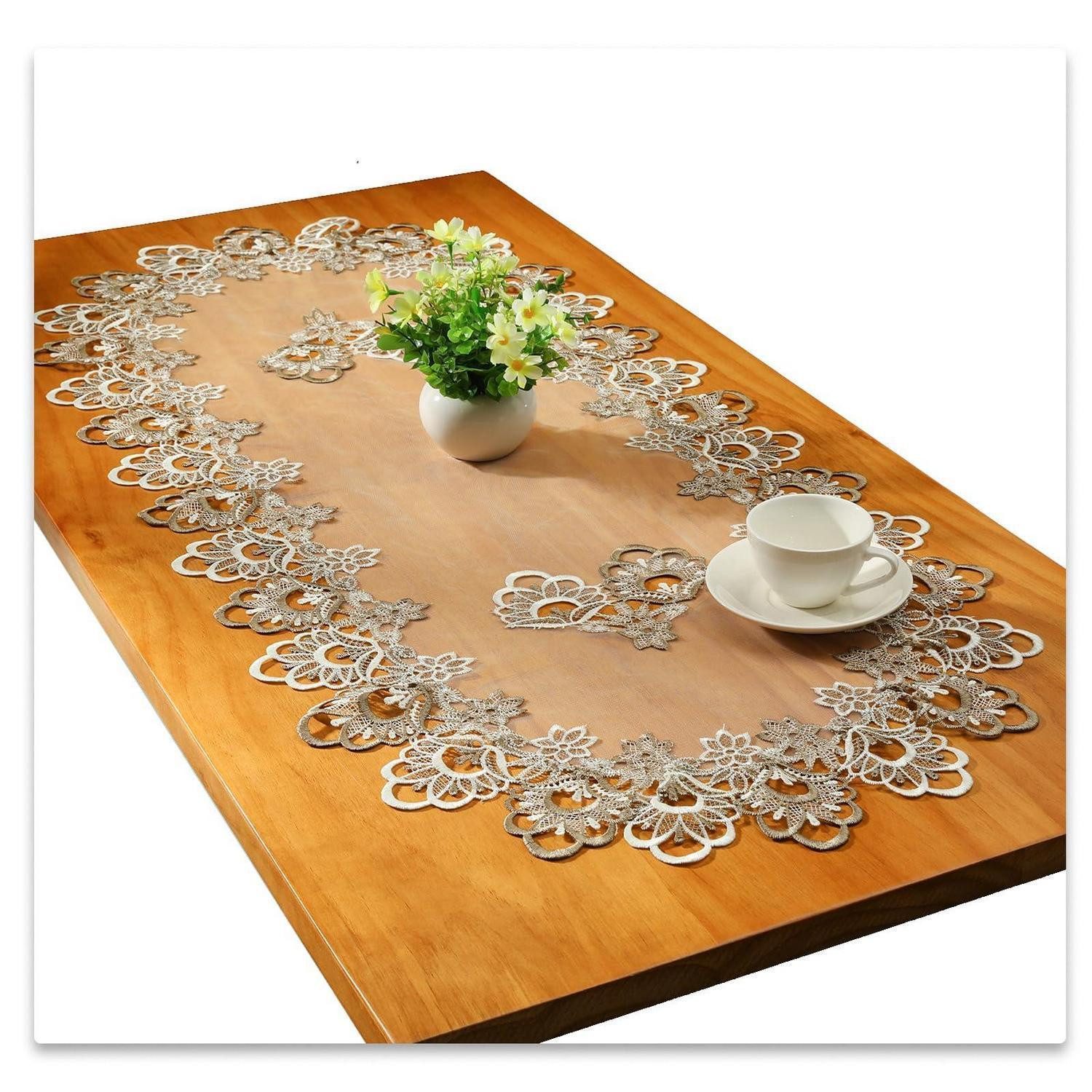 LuxusKollektion Tischläufer Tischläufer Spitze Oval Grau 60x120cm (1-tlg)